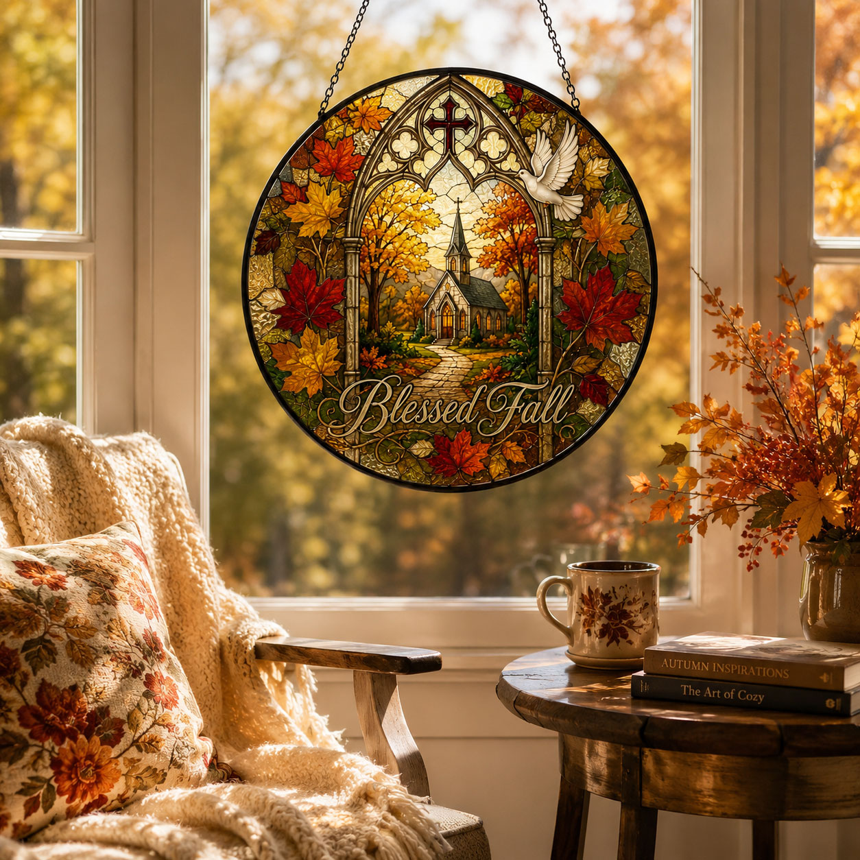 Blessed Fall Church Suncatcher, Autumn Leaves Christian Window Hanging, Faith Home Decor