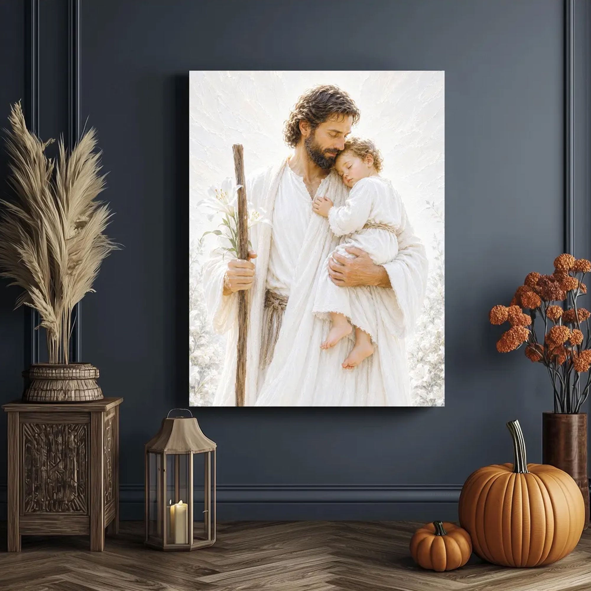 Saint Joseph Holding Baby Jesus Canvas Print, Christian Fatherly Love Wall Art, Peaceful Catholic Home Decor