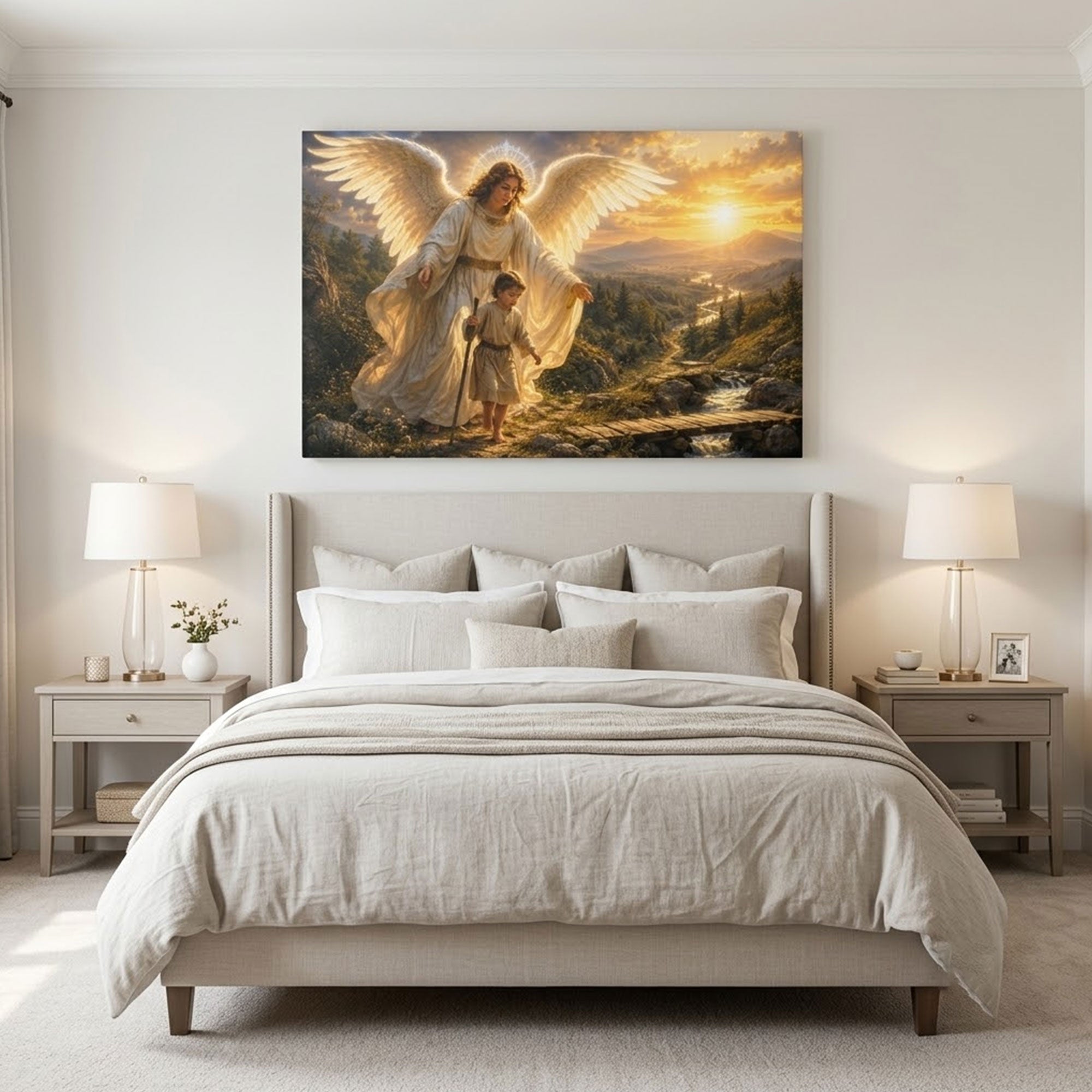 Angel Watching Over Child Canvas Print, Heavenly Christian Wall Art, Golden Sunset Faith Home Decor Gift
