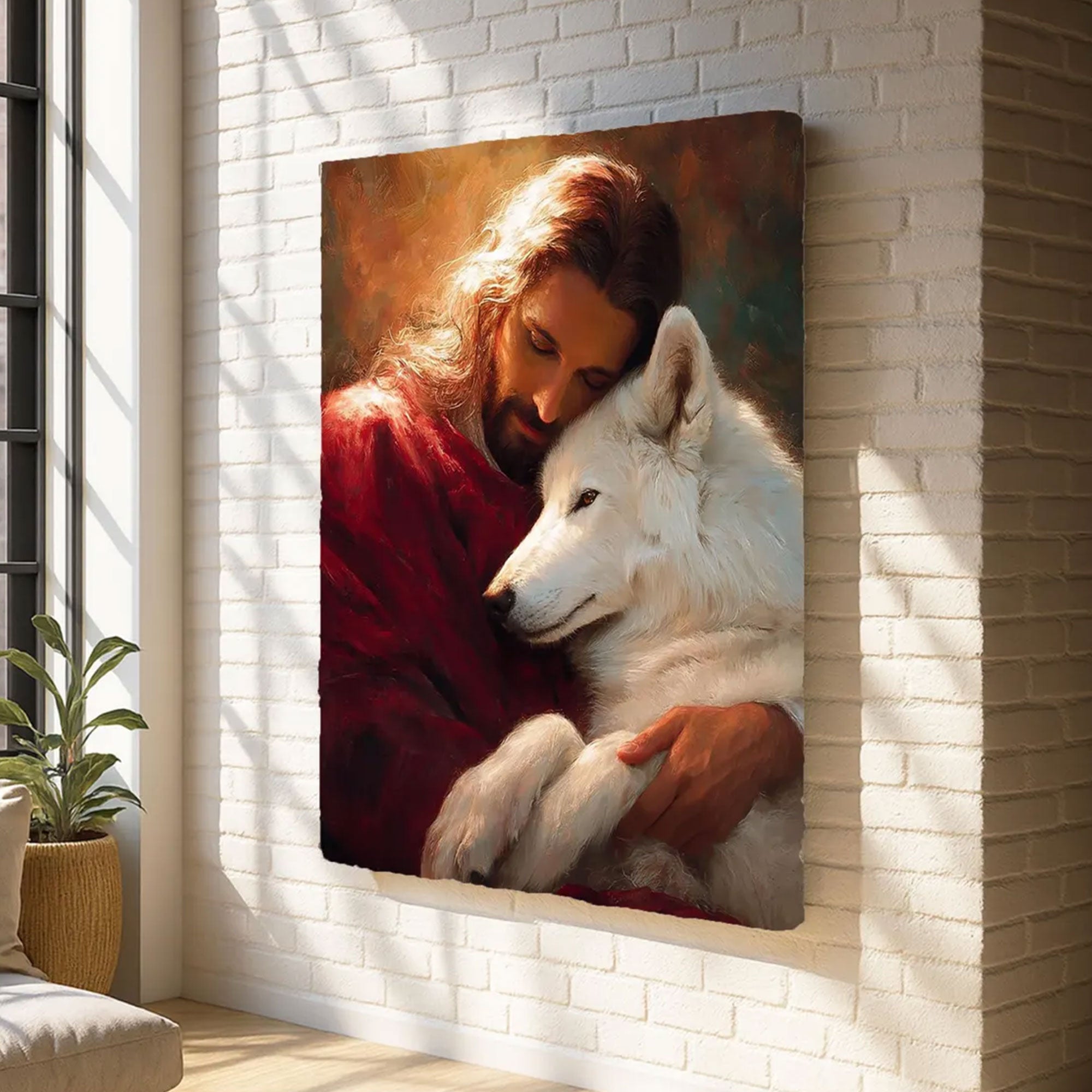 Jesus Holding Wolf Canvas Wall Art, Symbol of Redemption and Transformation, Christian Faith Decor, Spiritual Healing Artwork, Inspirational Home Gift