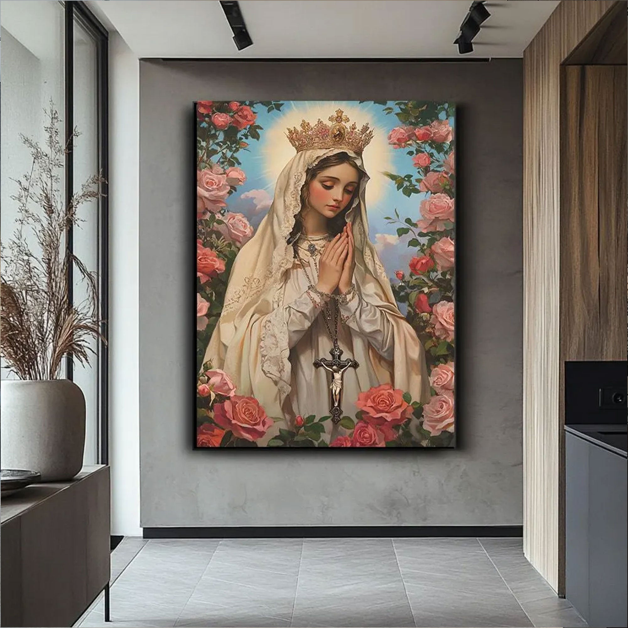 Virgin Mary Canvas Art, Holy Mother of God Wall Art, Sacred Catholic Icon with Roses, Blessed Mother Portrait, Inspirational Faith Gift, Religious Home Decor