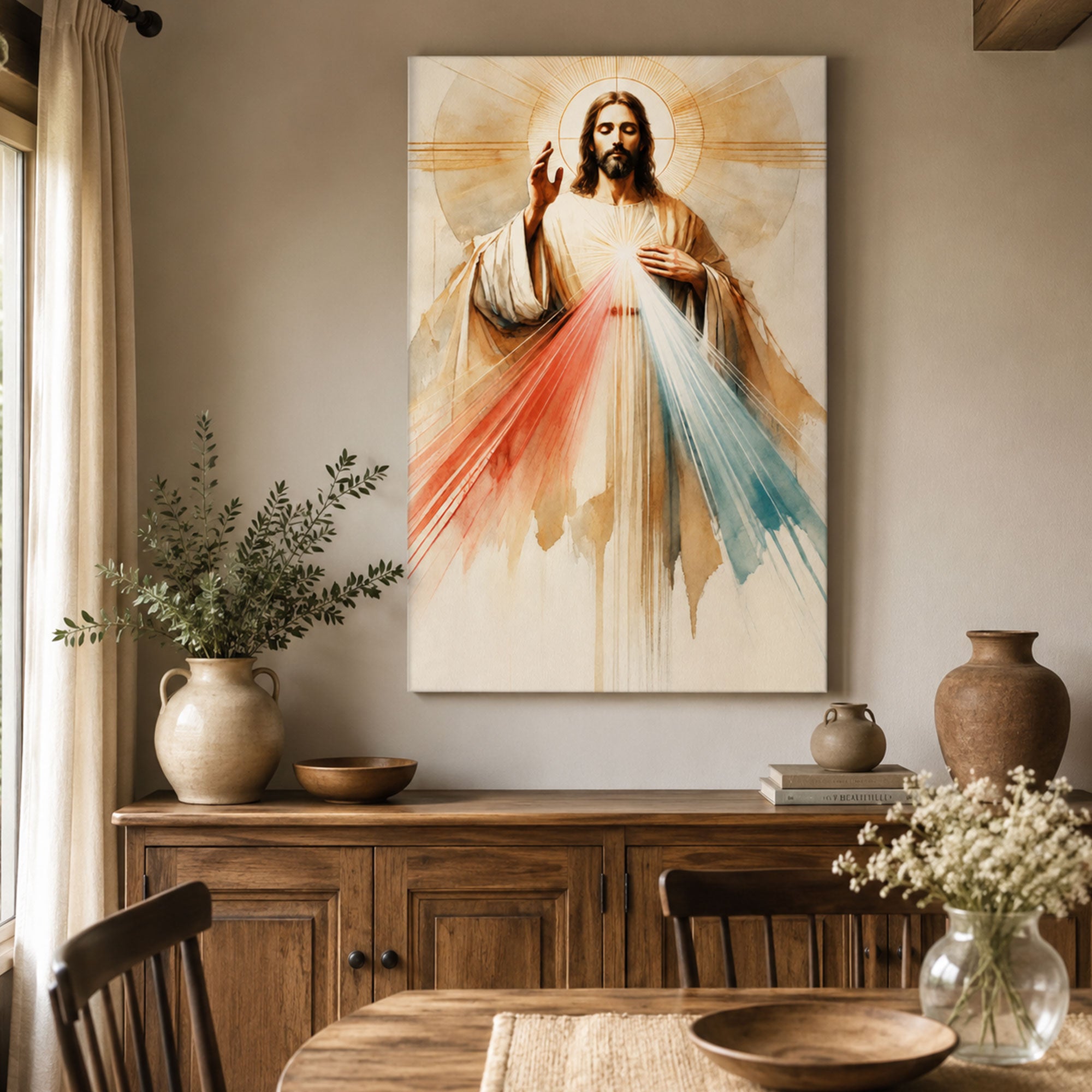 Divine Mercy of Jesus Watercolor Canvas Print, Sacred Heart Christian Catholic Wall Art, Inspirational Faith Decor