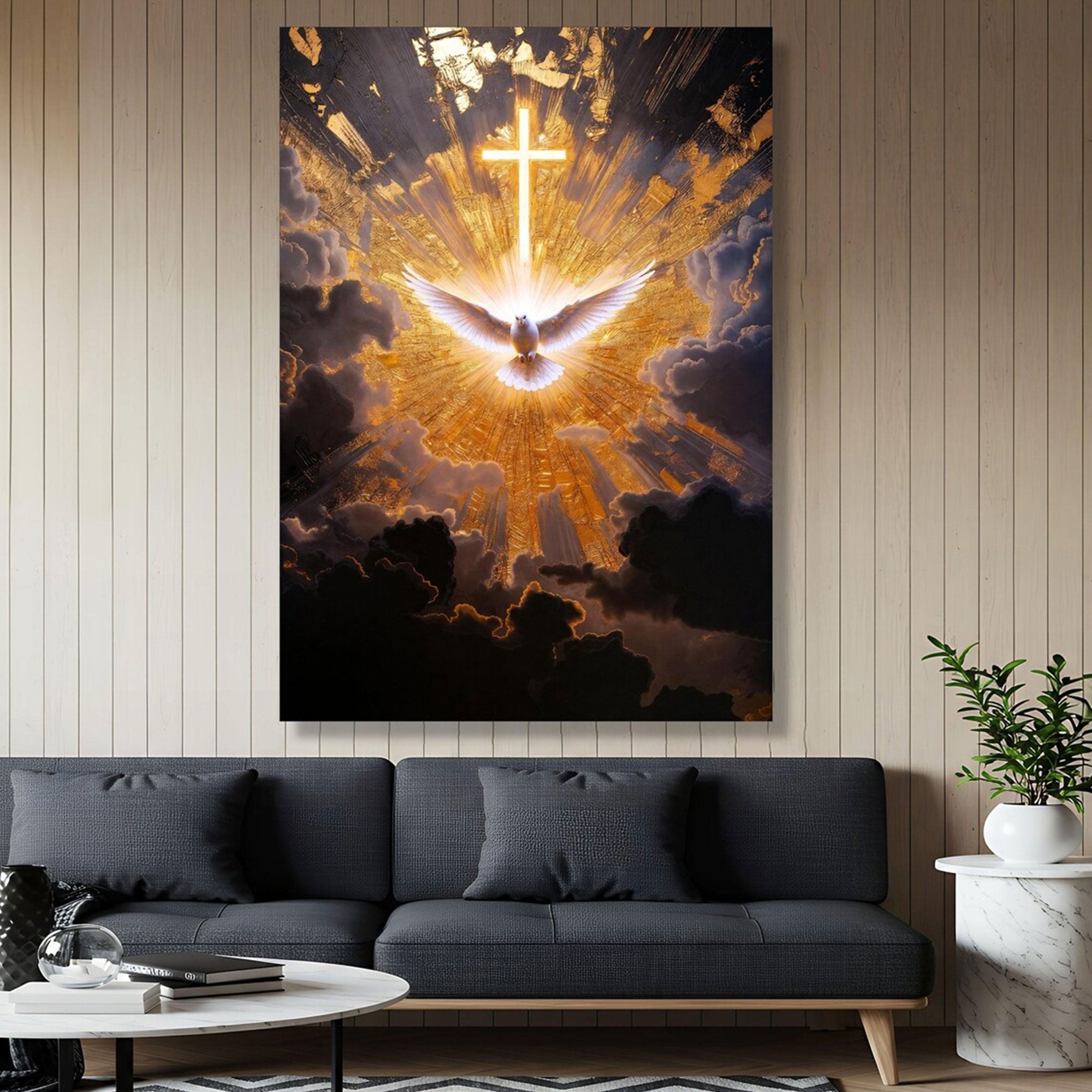 Radiant Holy Spirit Canvas Print, Glowing Cross and Dove Wall Art, Golden Light Christian Decor, Symbol of Divine Presence, Inspirational Faith Gift