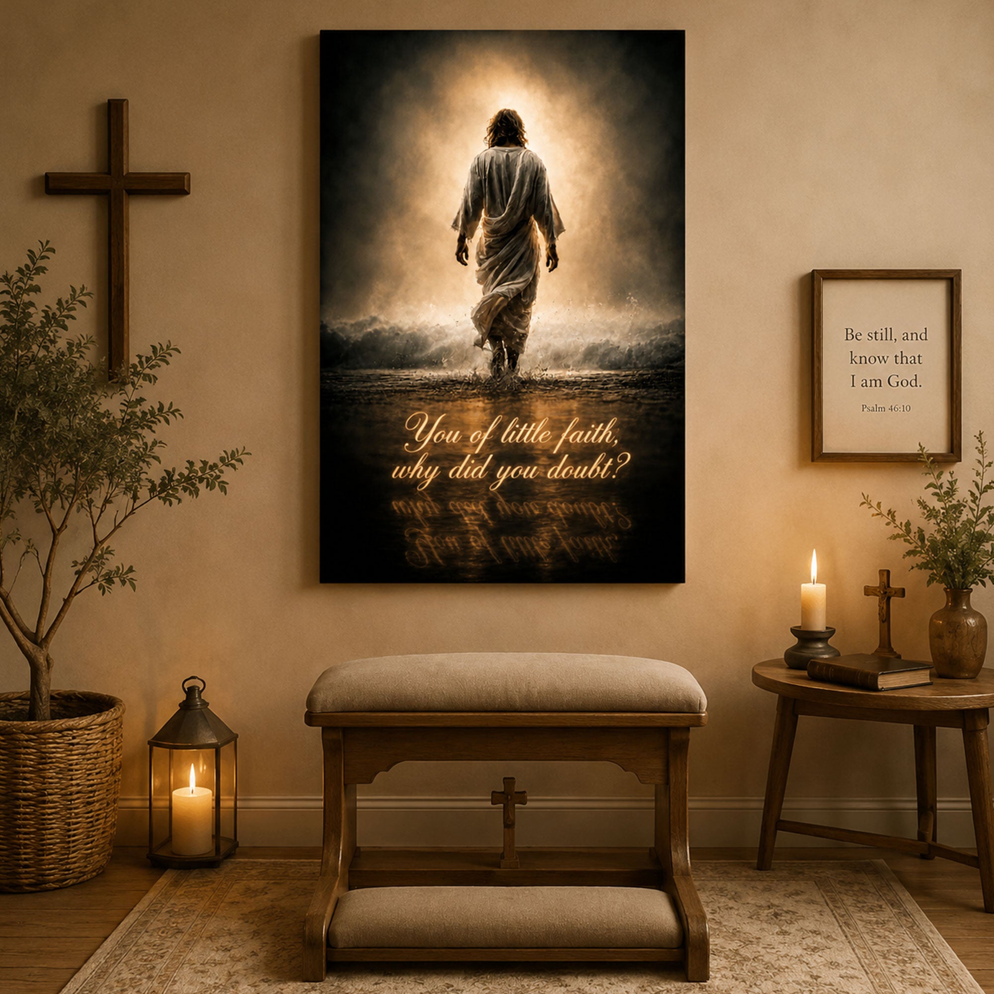 You of Little Faith Canvas Print, Jesus Walking on Water Christian Wall Art, Inspirational Bible Verse Faith Decor