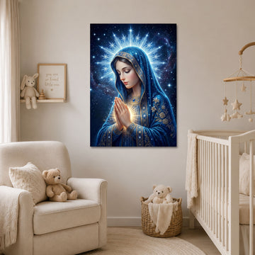 Celestial Virgin Mary Canvas Print, Starry Catholic Wall Art, Heavenly Blue Madonna Decor, Christian Faith Artwork