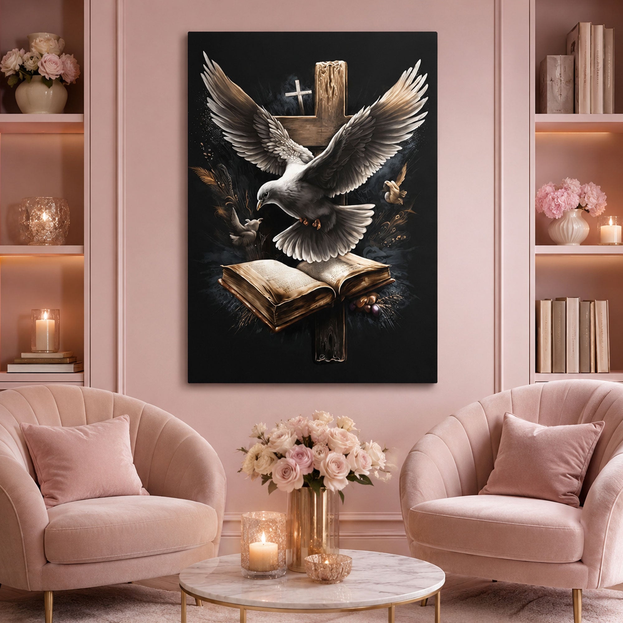 Spiritual Dove with Open Bible Canvas Art, Cross Christian Wall Decor, Inspirational Faith Religious Artwork