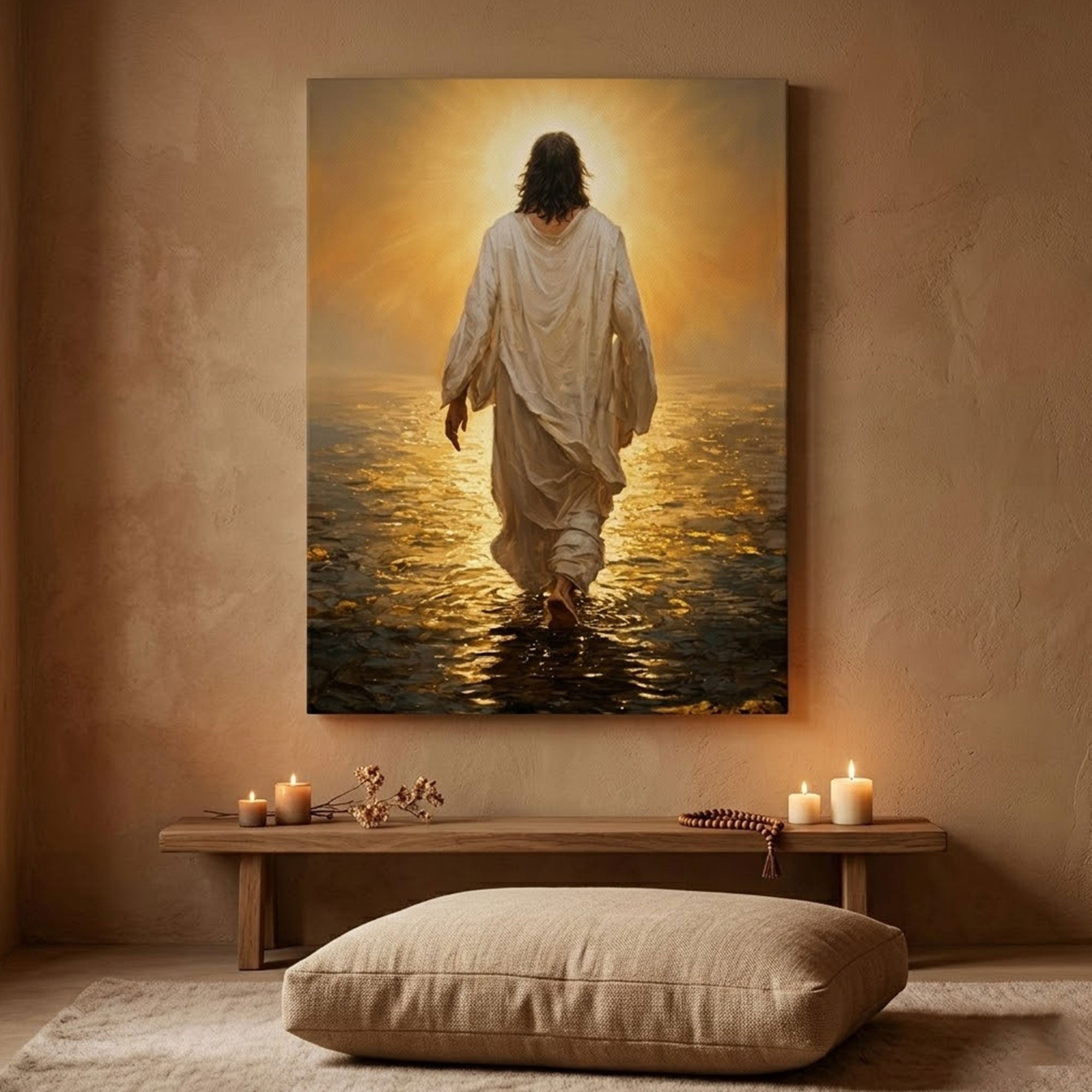 Jesus Walking on Water Canvas Print, Golden Light Christian Wall Art, Inspirational Faith Home Decor