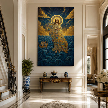 Jesus Walking on the Stormy Sea Canvas Print, Byzantine Mosaic Christian Wall Art, Faith Over Fear Religious Home Decor