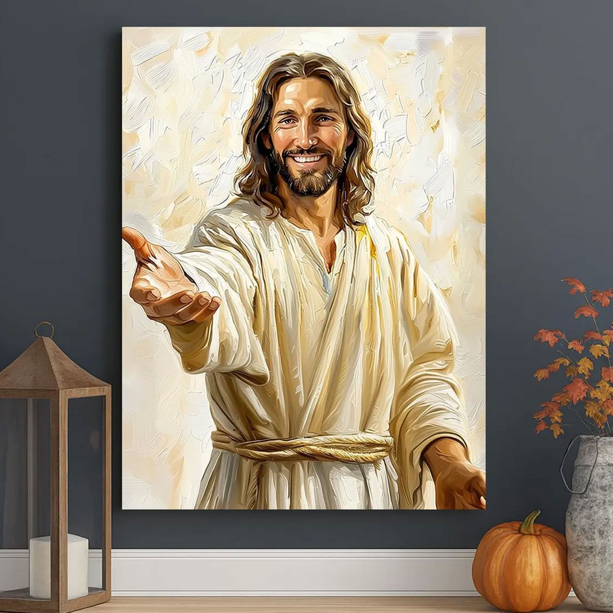 Smiling Jesus Welcoming Canvas Print, Open Arms Savior Wall Art, Christian Faith Home Decor, Religious Gift