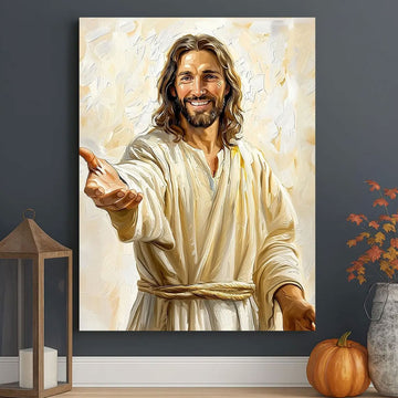 Smiling Jesus Welcoming Canvas Print, Open Arms Savior Wall Art, Christian Faith Home Decor, Religious Gift