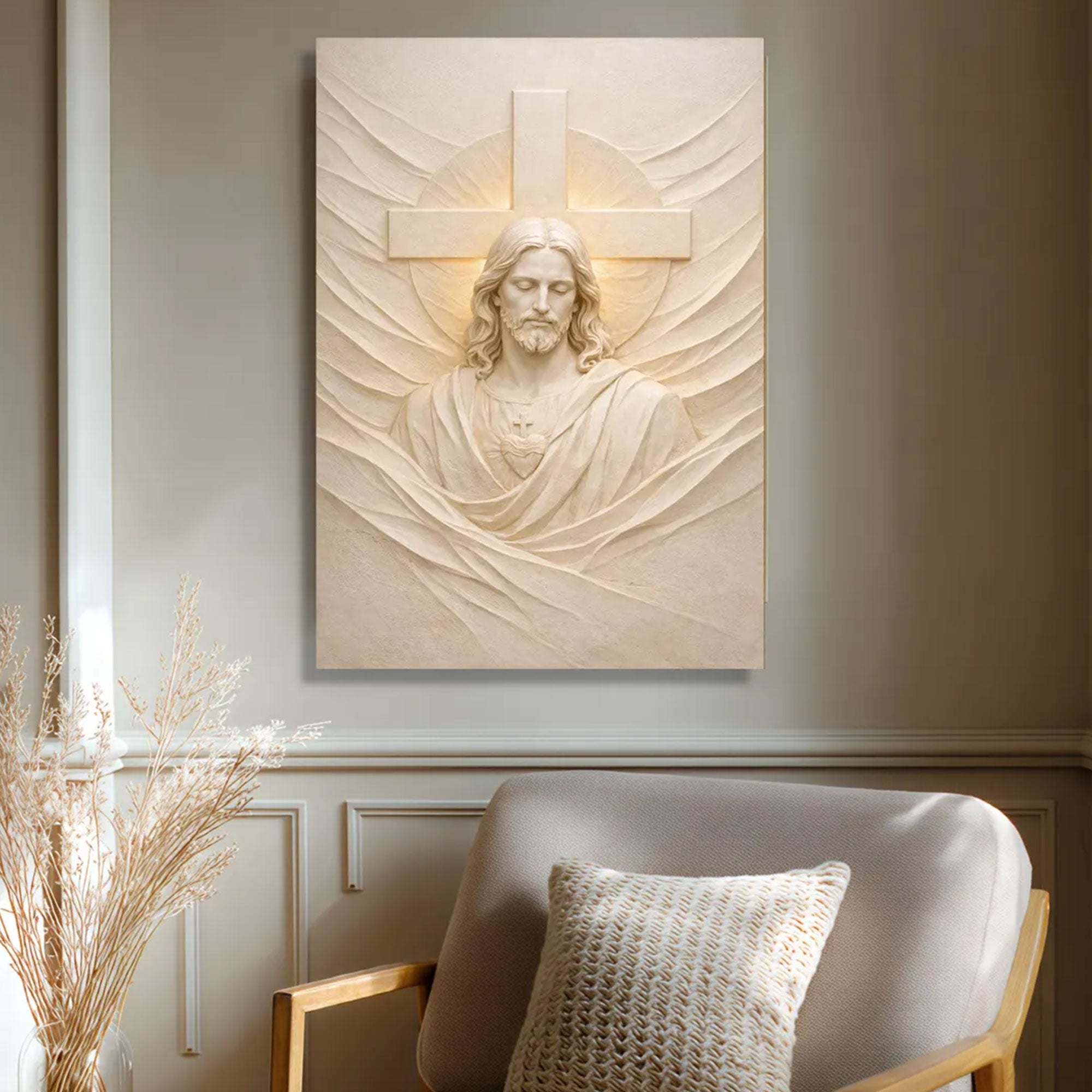 Sacred Heart of Jesus Canvas Wall Art, Christian Relief Sculpture, Catholic Religious Home Decor