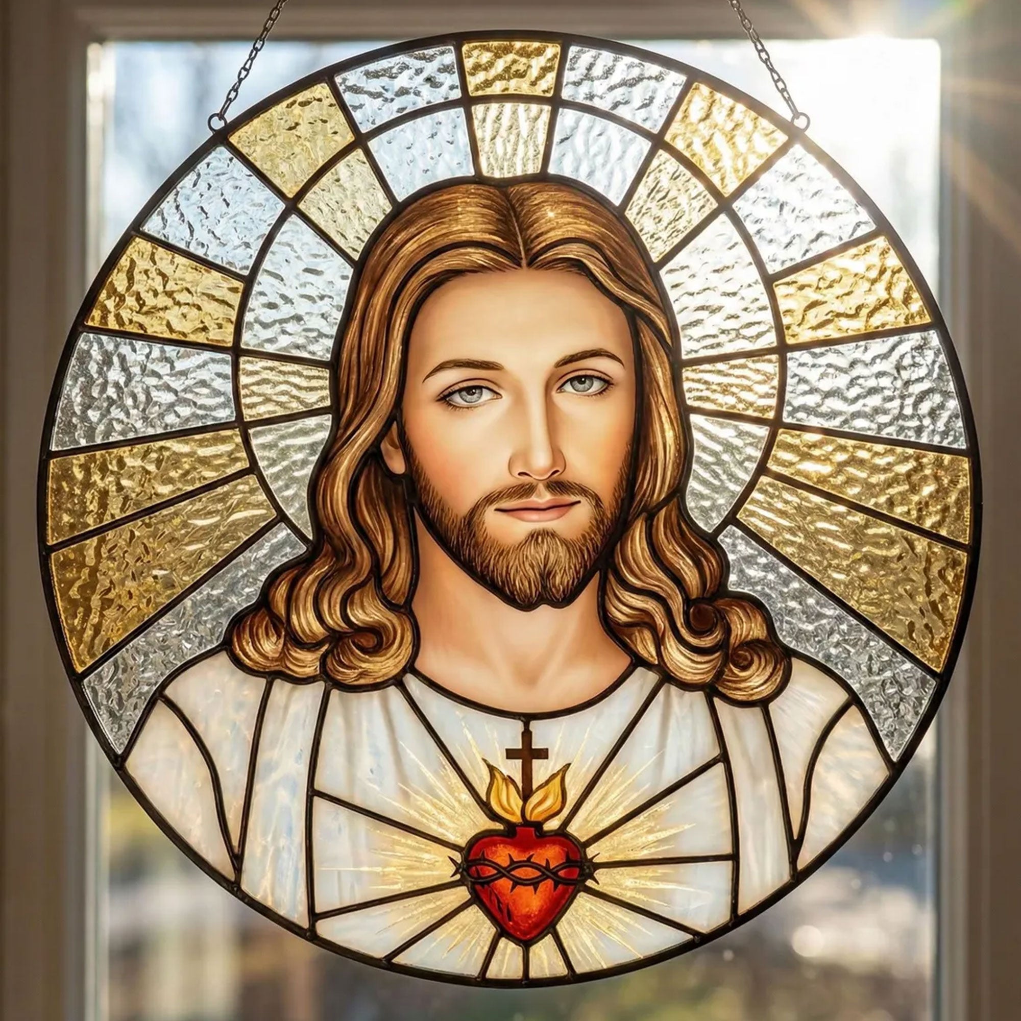 Sacred Heart of Jesus Stained Glass Suncatcher, Christian Window Hanging, Religious Sun Catcher, Catholic Home Decor, Faith Gift
