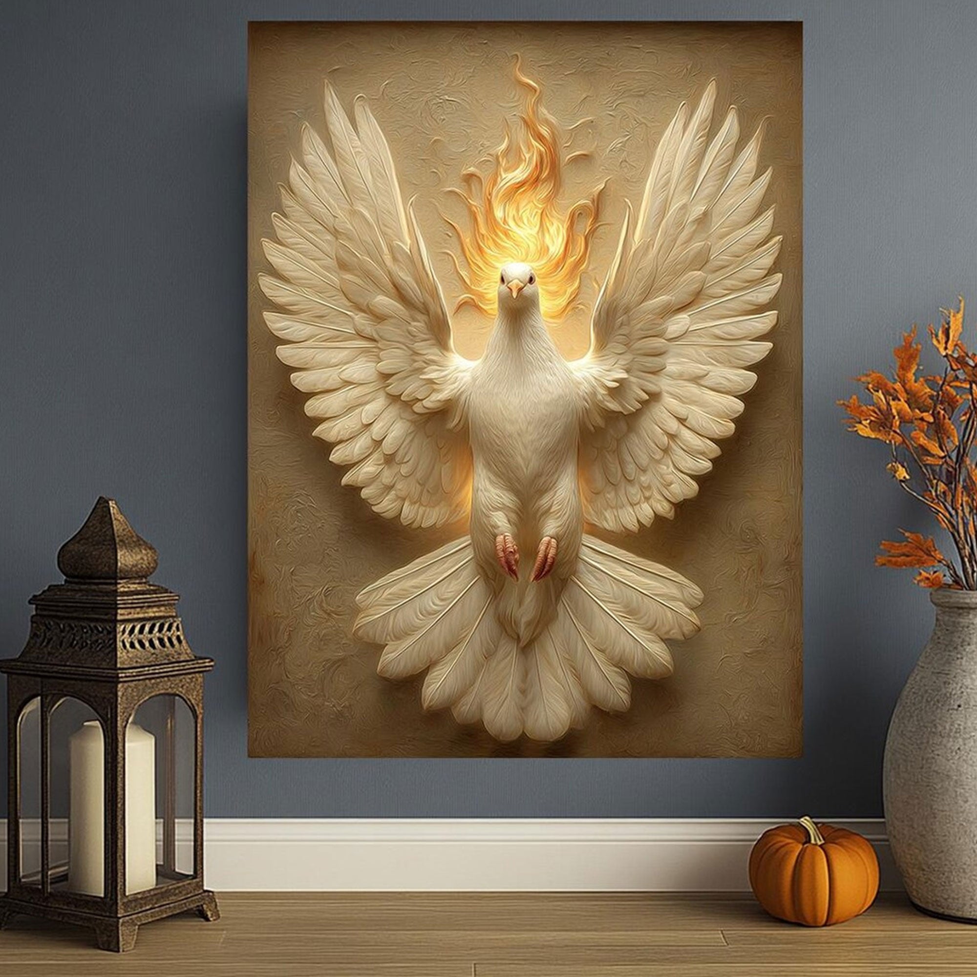 Holy Spirit Dove Canvas Print, Pentecost Fire Christian Wall Art, Symbol of Divine Presence and Power, Religious Faith Decor, Inspirational Spiritual Gift
