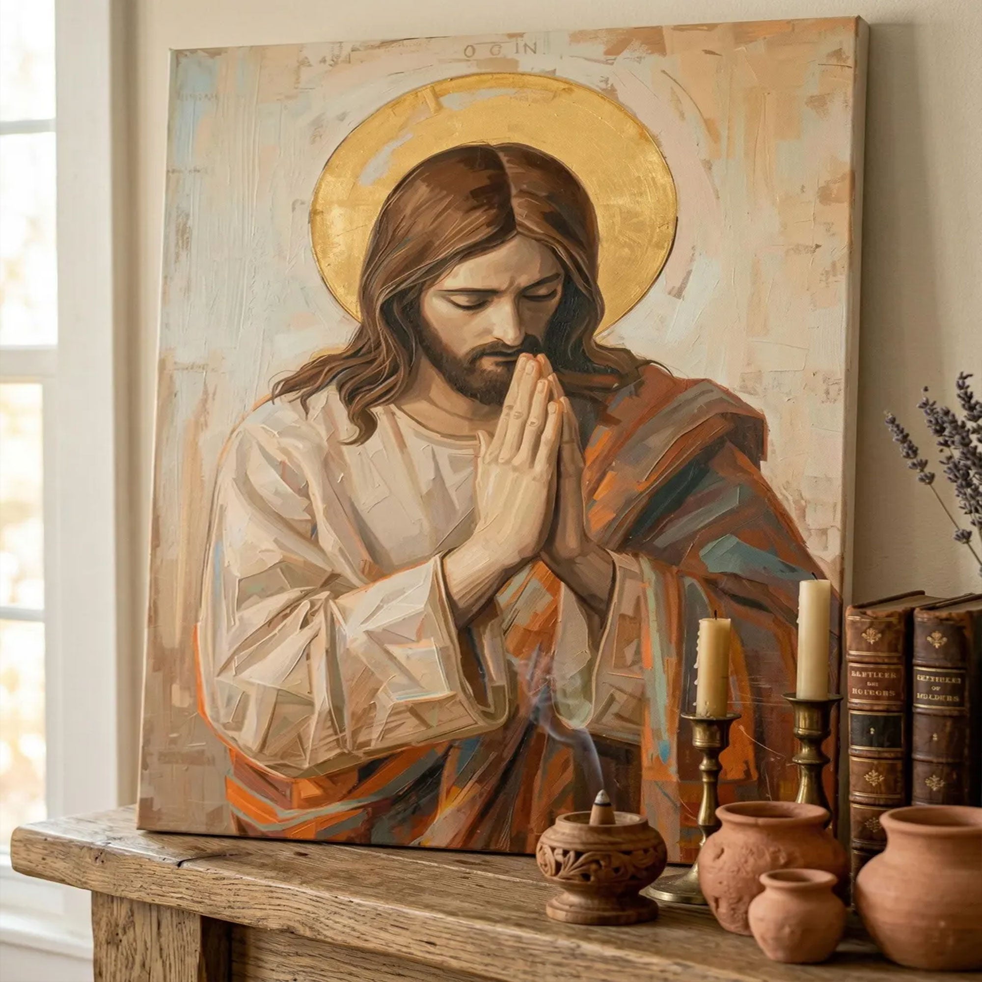 Jesus Praying Canvas Wall Art, Christian Decor, Catholic Prayer Room Bedroom Decoration