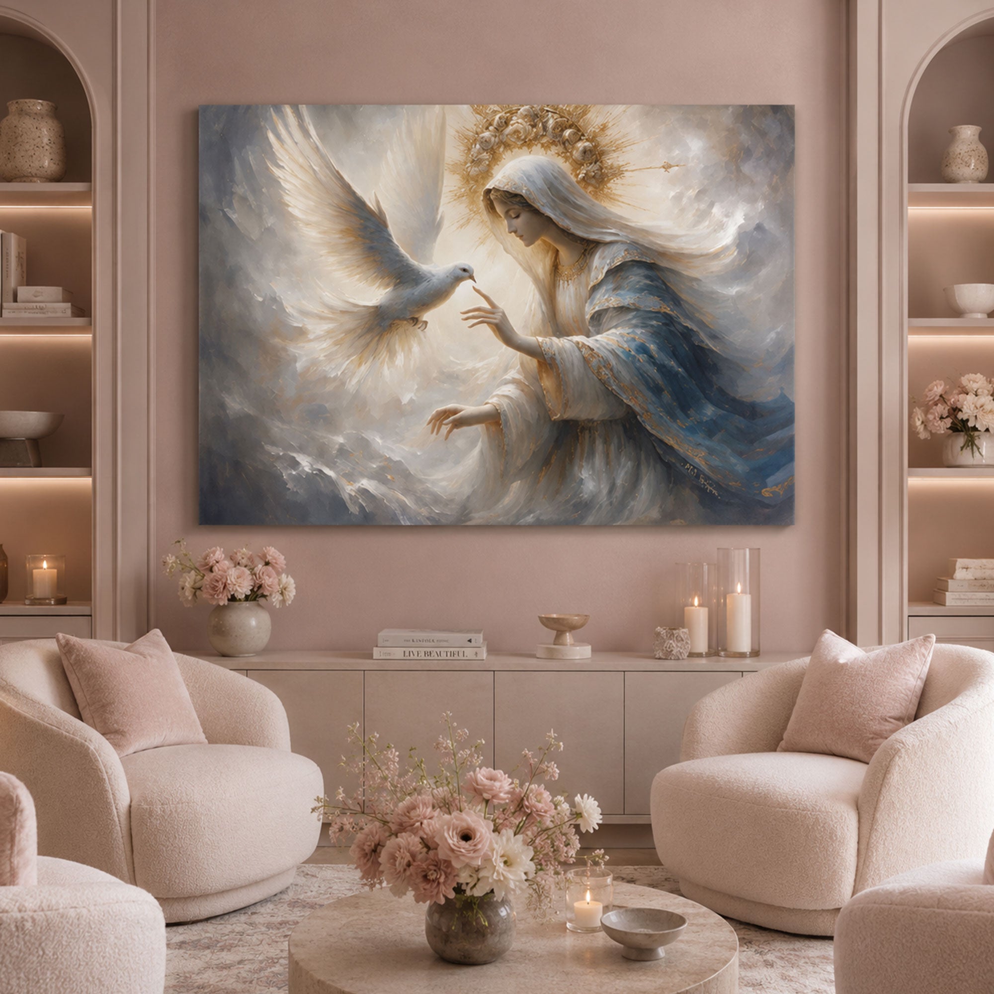 Virgin Mary and Holy Spirit Dove Canvas Art, Heavenly Christian Wall Decor, Divine Peace Religious Artwork