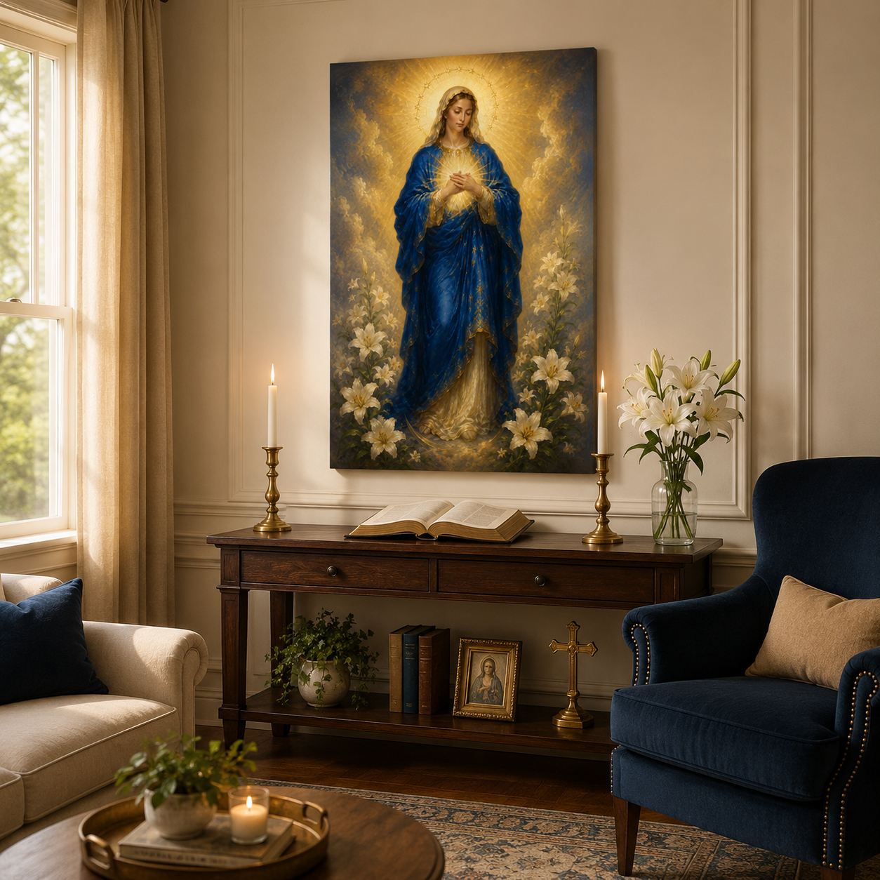 Immaculate Heart of Mary Canvas Print, Blessed Virgin with Glowing Heart, Catholic Home Decor