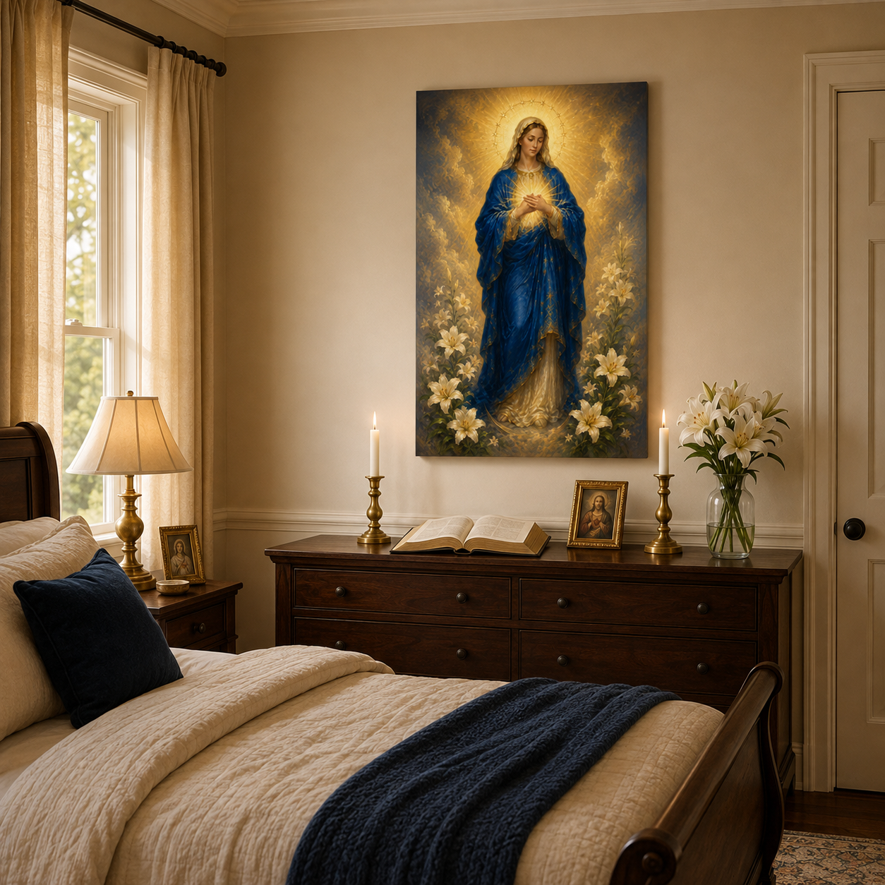 Immaculate Heart of Mary Canvas Print, Blessed Virgin with Glowing Heart, Catholic Home Decor