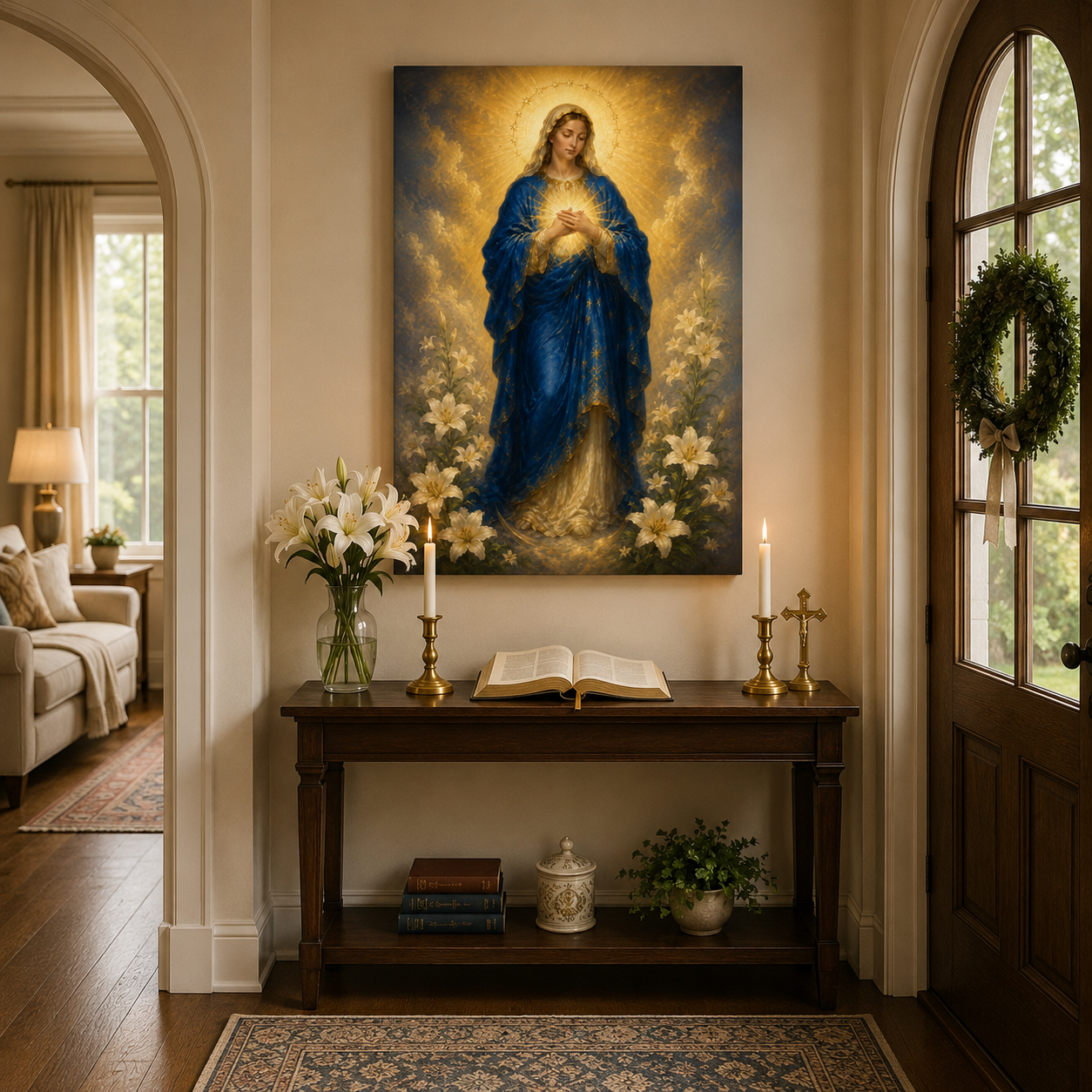 Immaculate Heart of Mary Canvas Print, Blessed Virgin with Glowing Heart, Catholic Home Decor