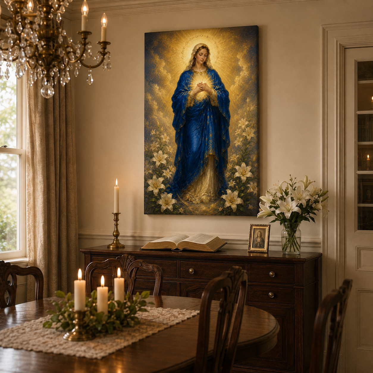 Immaculate Heart of Mary Canvas Print, Blessed Virgin with Glowing Heart, Catholic Home Decor