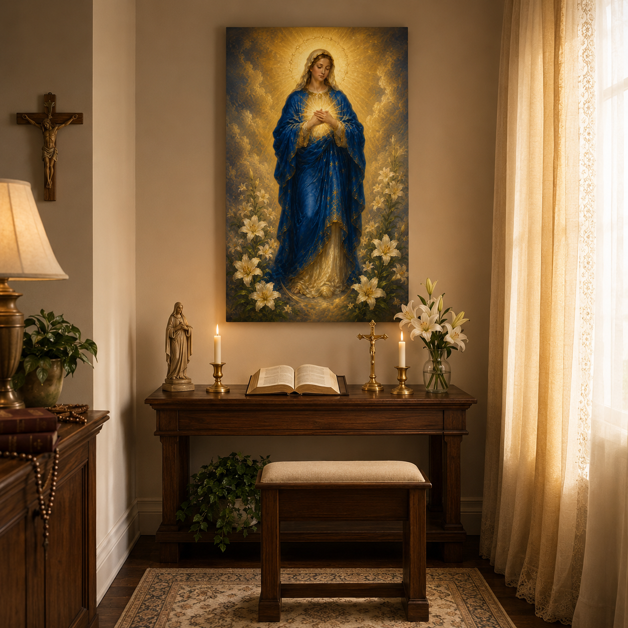 Immaculate Heart of Mary Canvas Print, Blessed Virgin with Glowing Heart, Catholic Home Decor