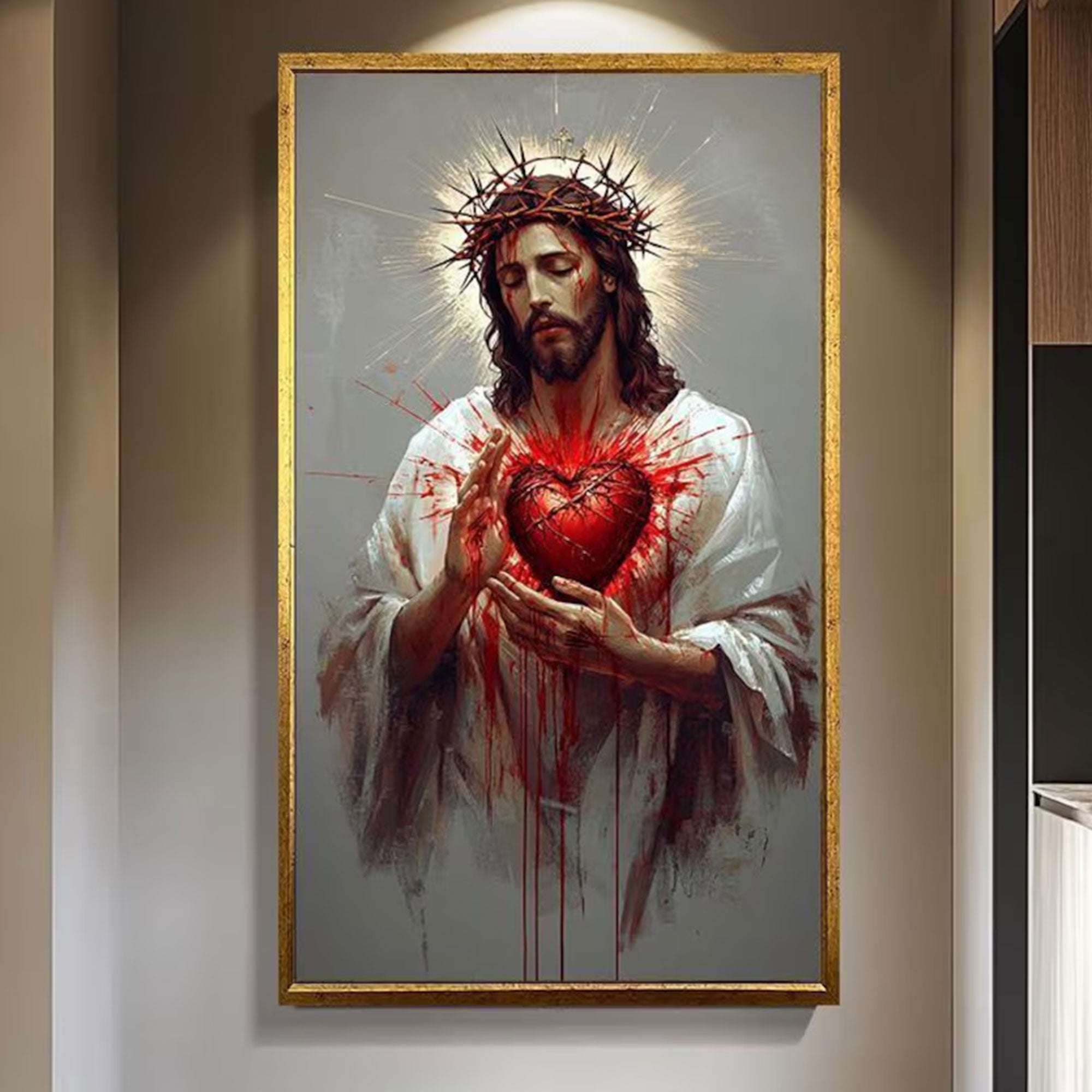 Sacred Heart Jesus Canvas Artwork, Christian Wall Decor, Emotional Religious Home Decoration
