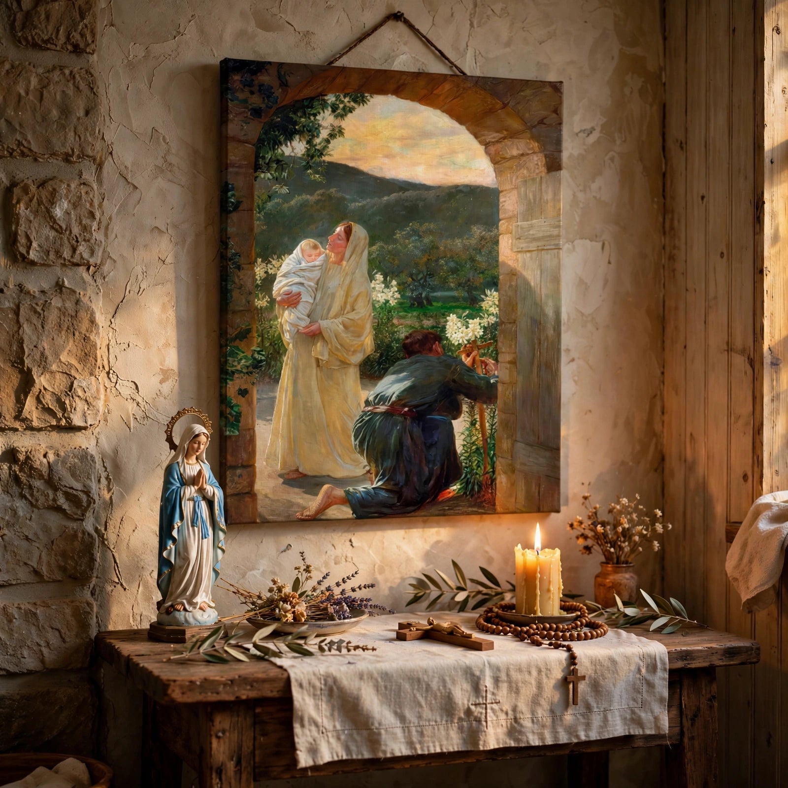 Holy Family in Nazareth Canvas Print, Virgin Mary Child Jesus and Saint Joseph, Catholic Home Decor
