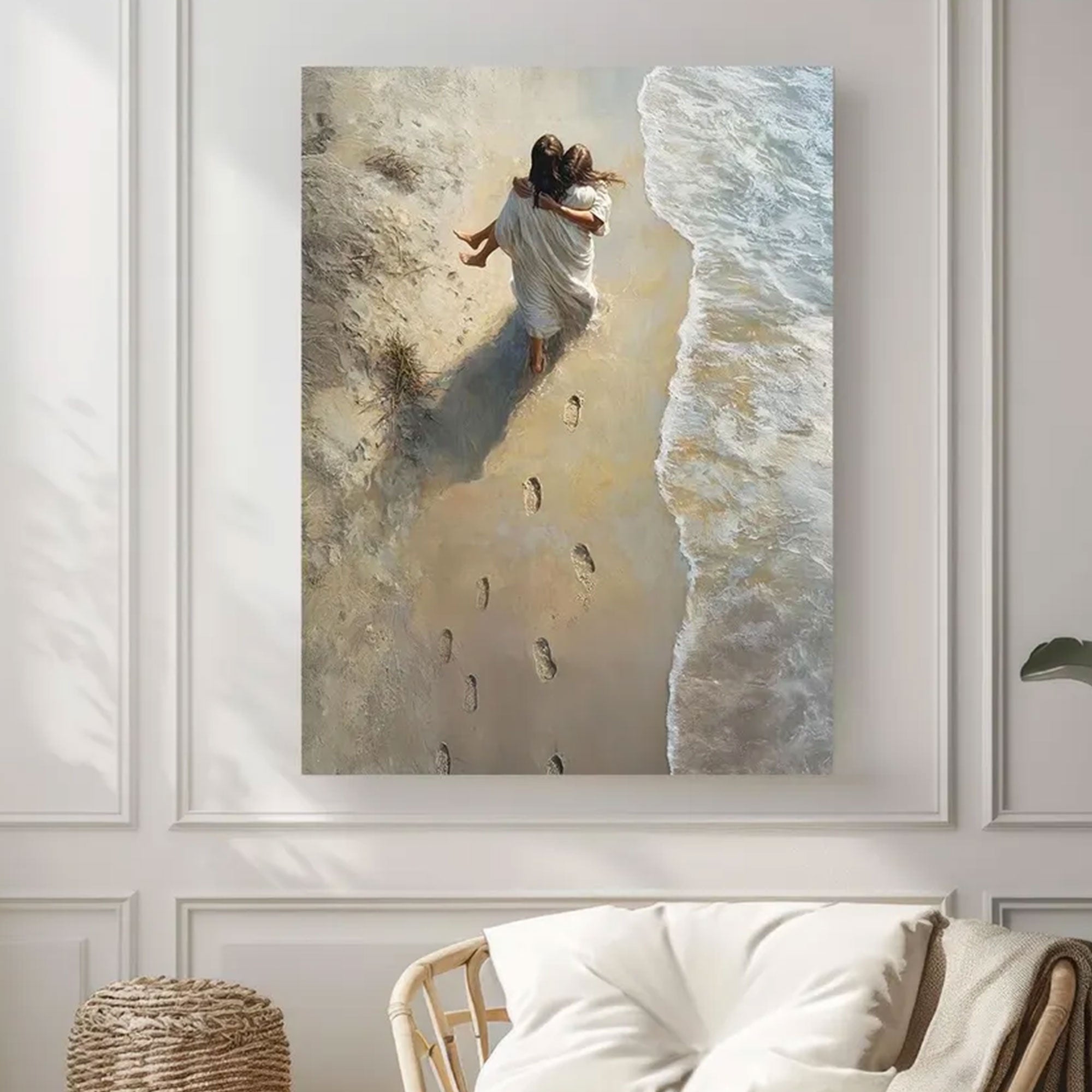 He Carried Me Canvas Print, Jesus Christ Portrait, Footprints in the Sand, Christian Wall Art, Framed Canvas