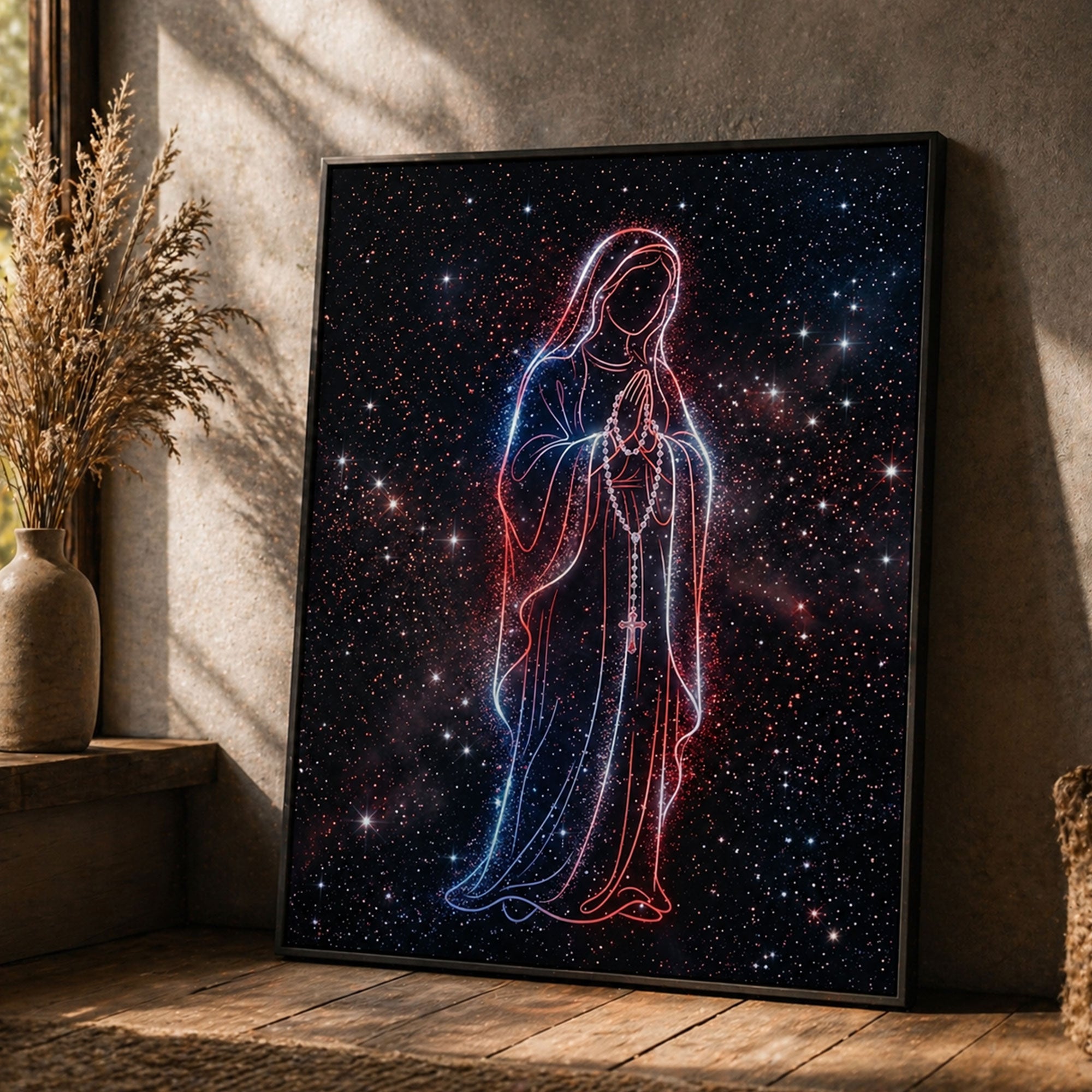 Patriotic Virgin Mary Canvas Print, Red White Blue Madonna Wall Art, American Faith Decor, Modern Christian Artwork