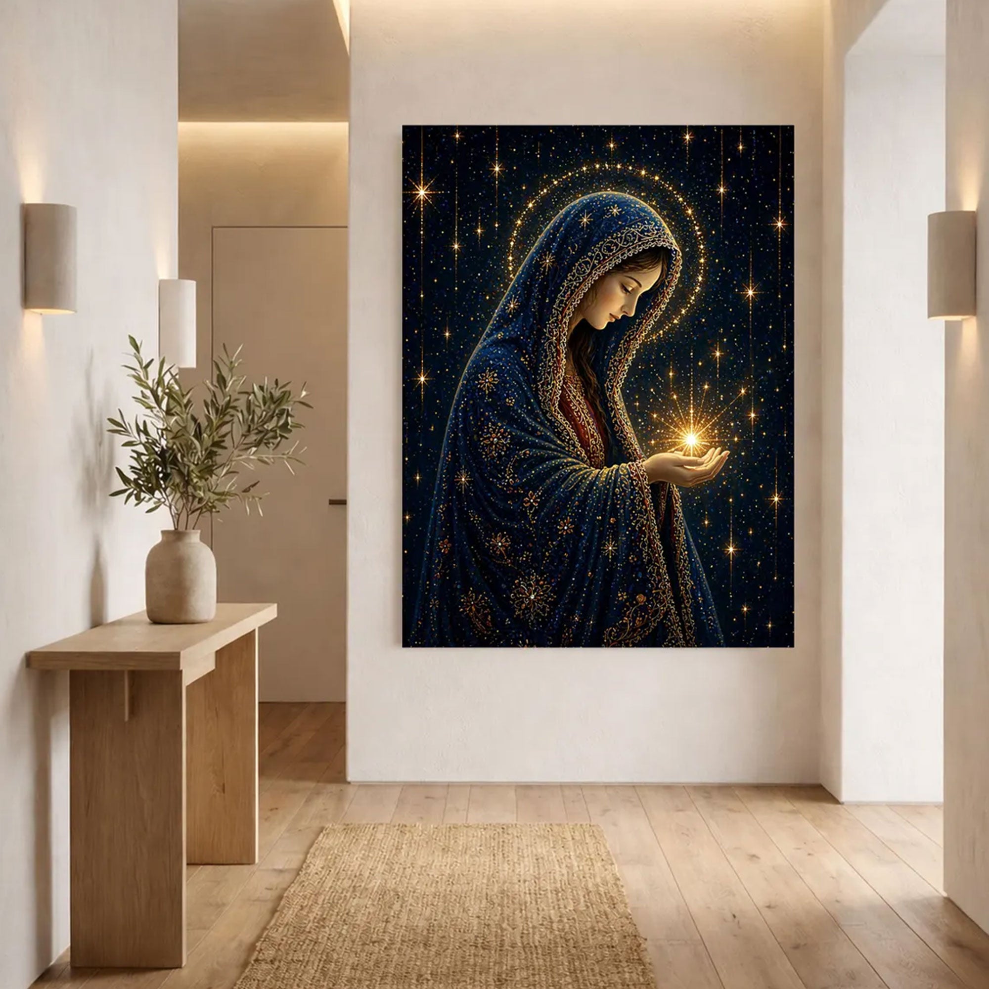 Virgin Mary Starry Night Canvas Print, Blessed Mother Under the Stars, Catholic Faith Decor, Serene Spiritual Artwork, Inspirational Gift