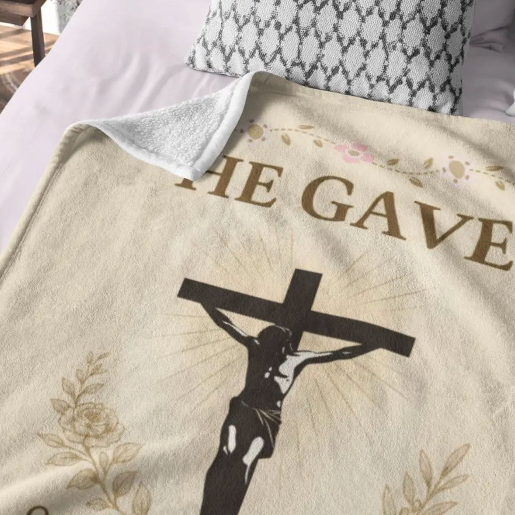 Christian Fleece Blanket, Jesus Crucifixion Throw, He Gave So We Could Live Scripture Blanket, Faith Gift for Mom, Grandma, Bible Verse Gift