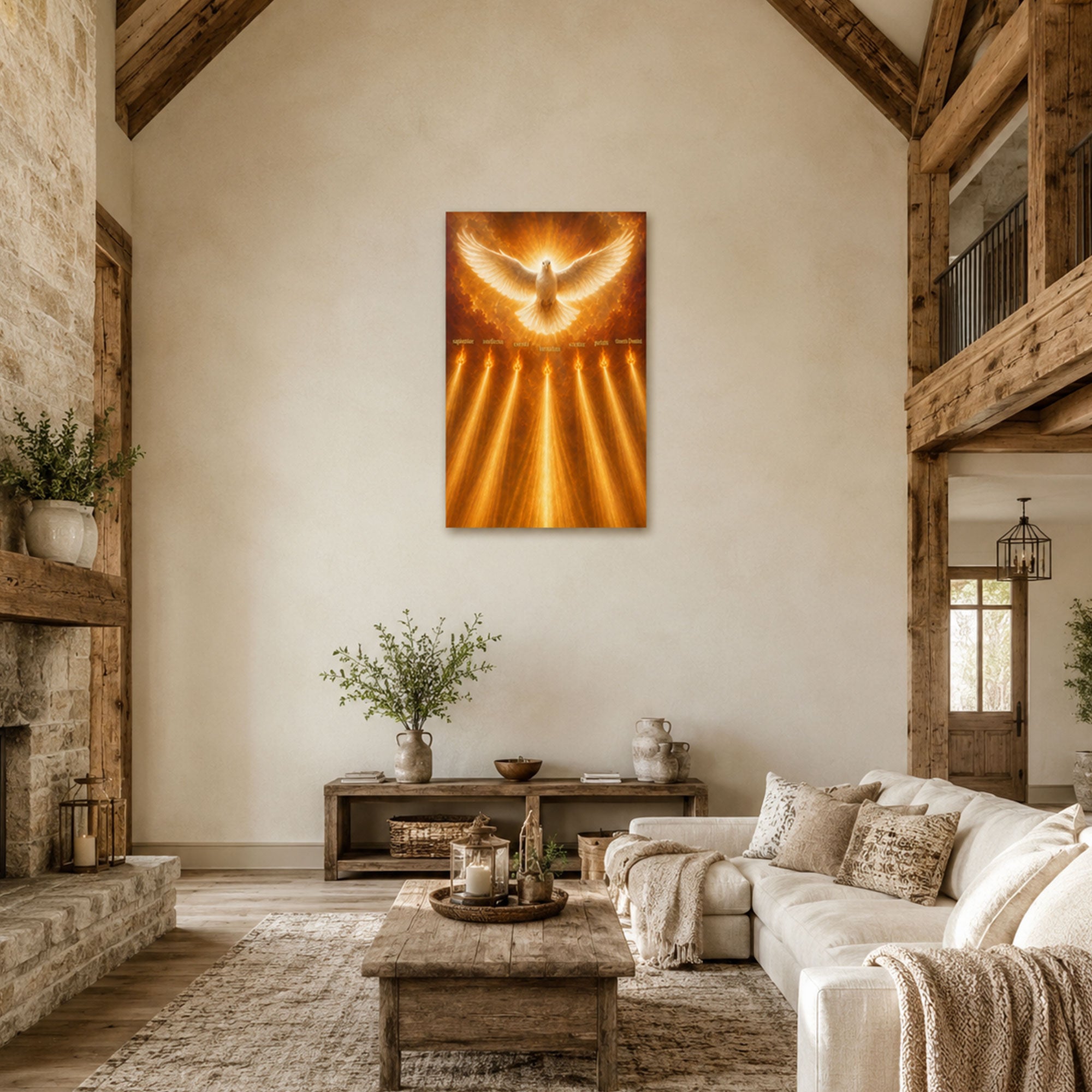Holy Spirit Dove Canvas Print, Seven Gifts of the Spirit Christian Wall Art, Golden Light Religious Home Decor