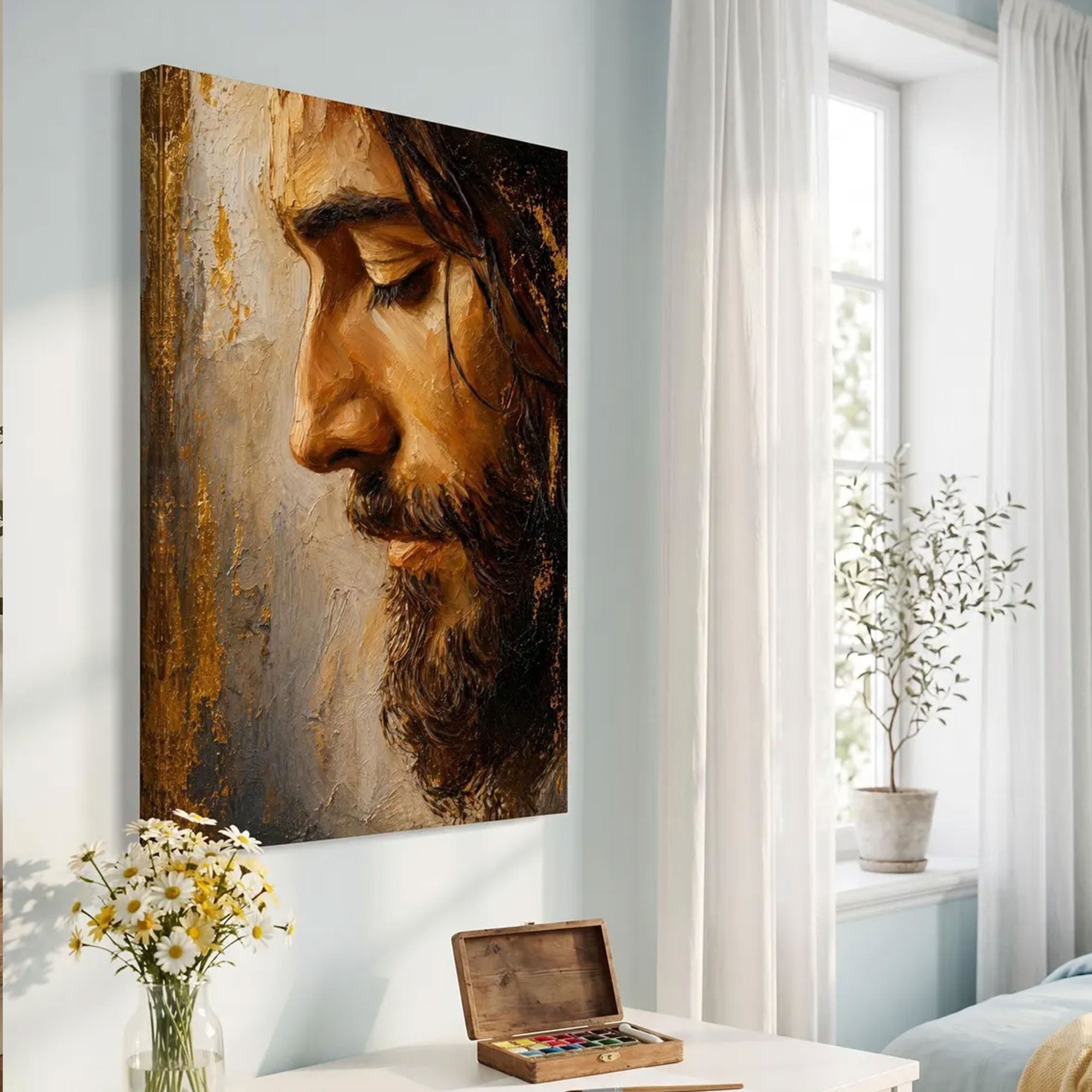 Jesus Portrait Canvas Print, Neutral Christian Wall Art, Spiritual Home Decor, Inspirational Faith Artwork