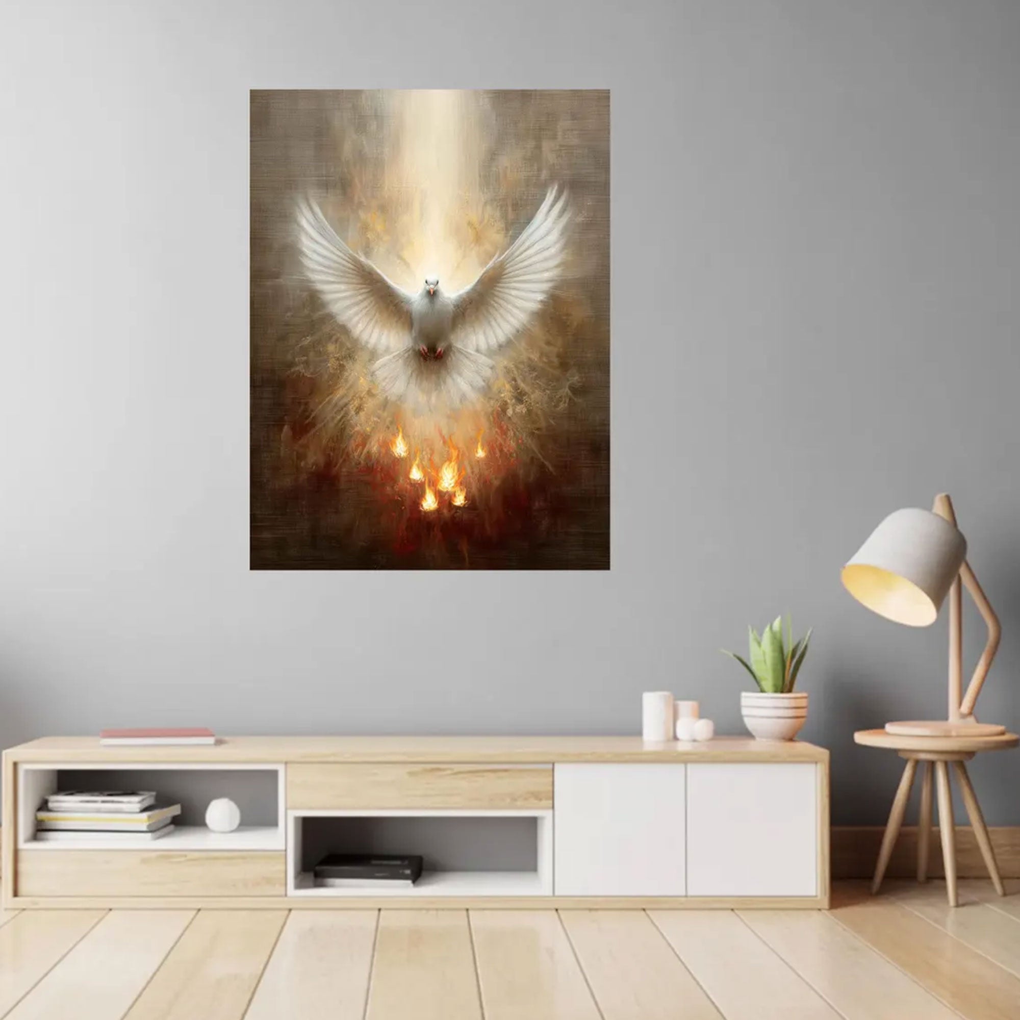 Holy Spirit Dove Canvas Print, Pentecost Fire Christian Wall Art, Religious Faith Decor, Sacred Spiritual Artwork