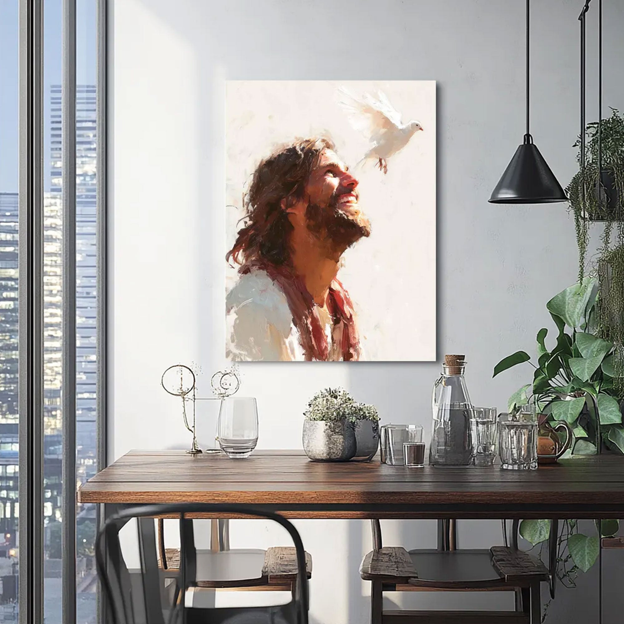 Jesus With Dove Canvas Print, Holy Spirit Christian Wall Art, Peaceful Savior Faith Decor