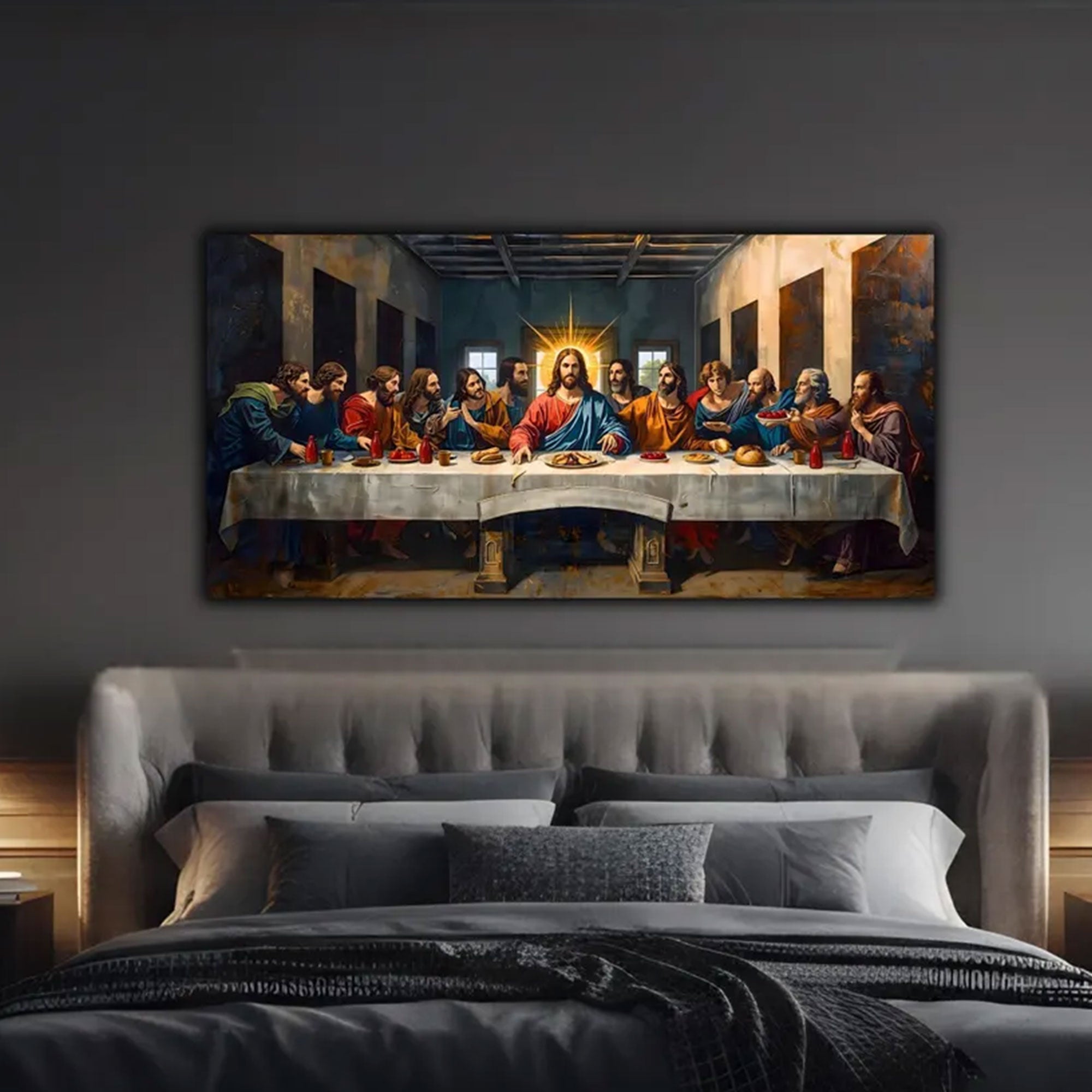 Last Supper Wall Art for Living Room, Modern Christian Jesus Canvas Print, Catholic Panoramic Religious Decor