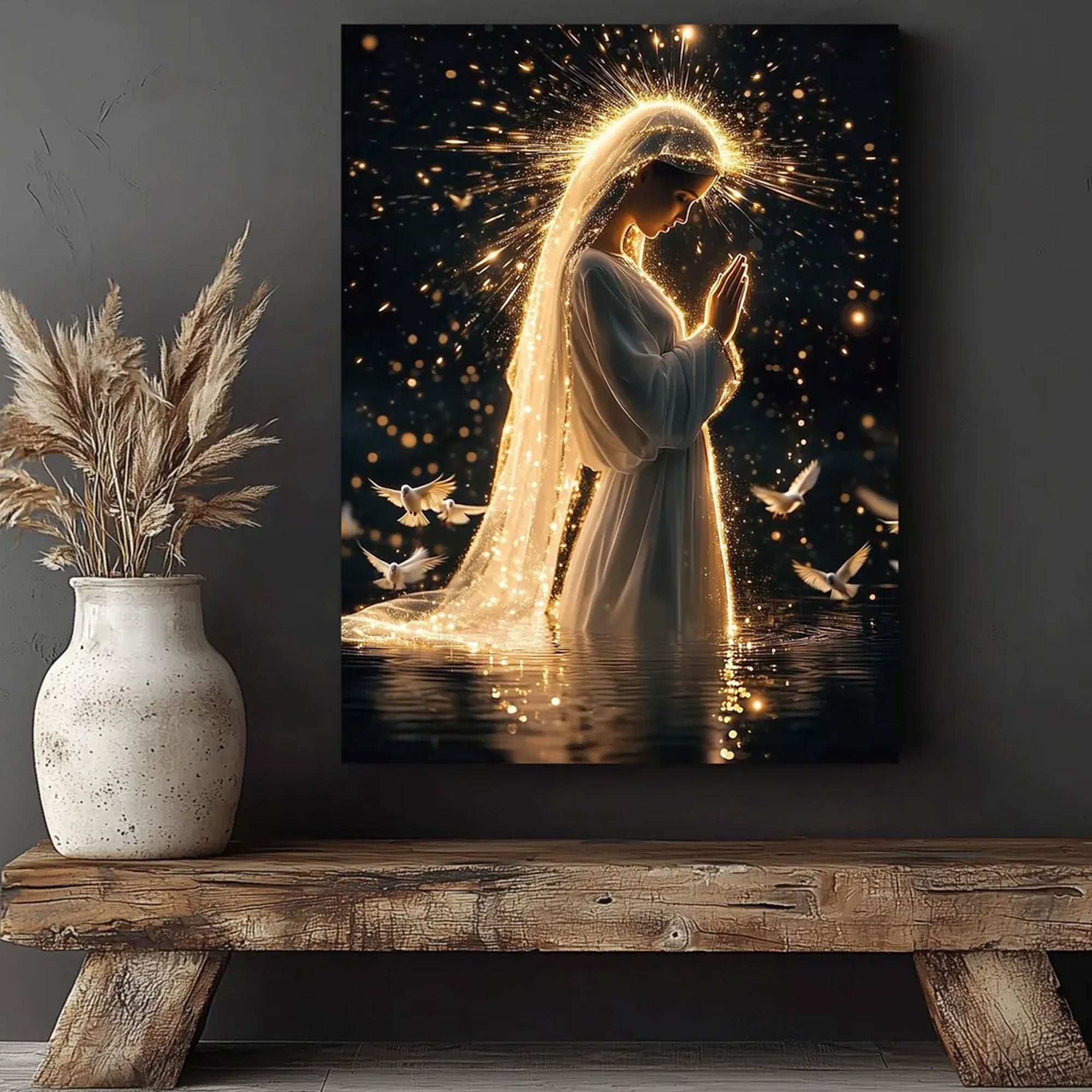 Holy Virgin Mary Canvas Art, Sacred Light Catholic Wall Decor, Blessed Mother Religious Artwork, Inspirational Faith Gift, Prayer Room Home Decor