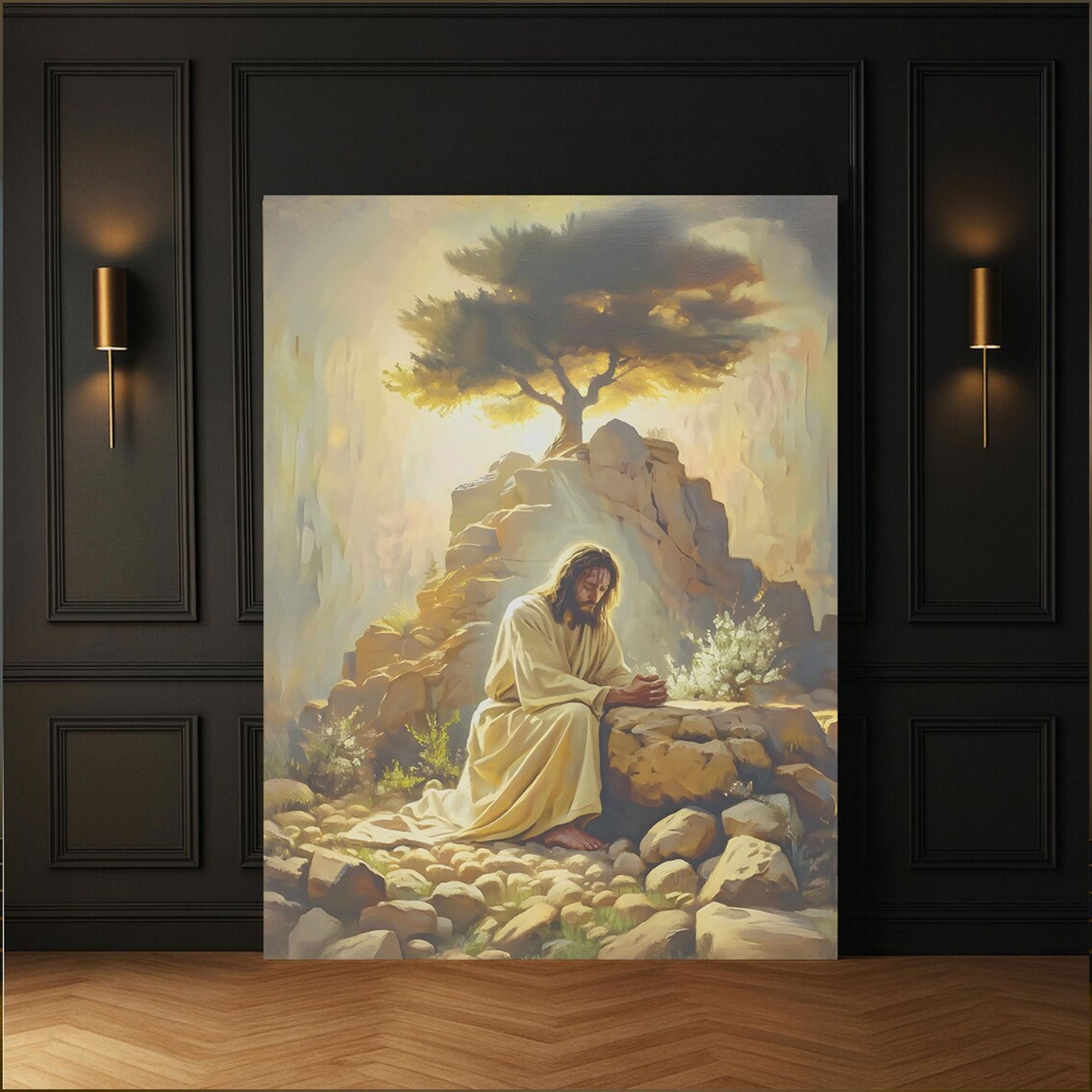 Jesus Praying in Gethsemane Canvas Wall Art, Biblical Garden Scene, Christian Religious Decor