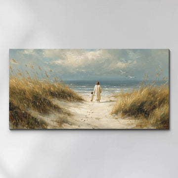 Jesus and Child Beach Canvas Print, Christian Coastal Wall Art, Faith Family Decor, Biblical Gift