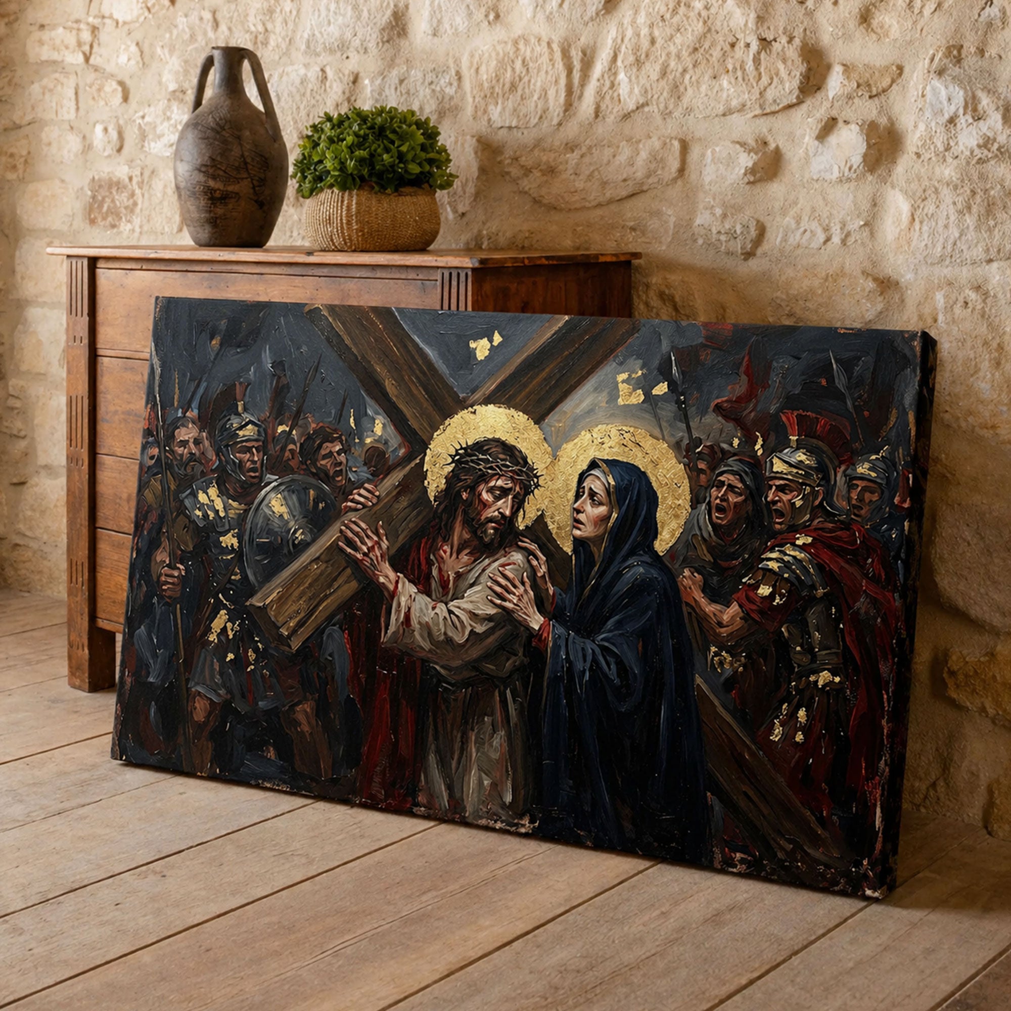 Jesus Carrying the Cross Canvas Print, Christ Meets His Mother, A Powerful Moment of Sacrifice, Love, and Redemption