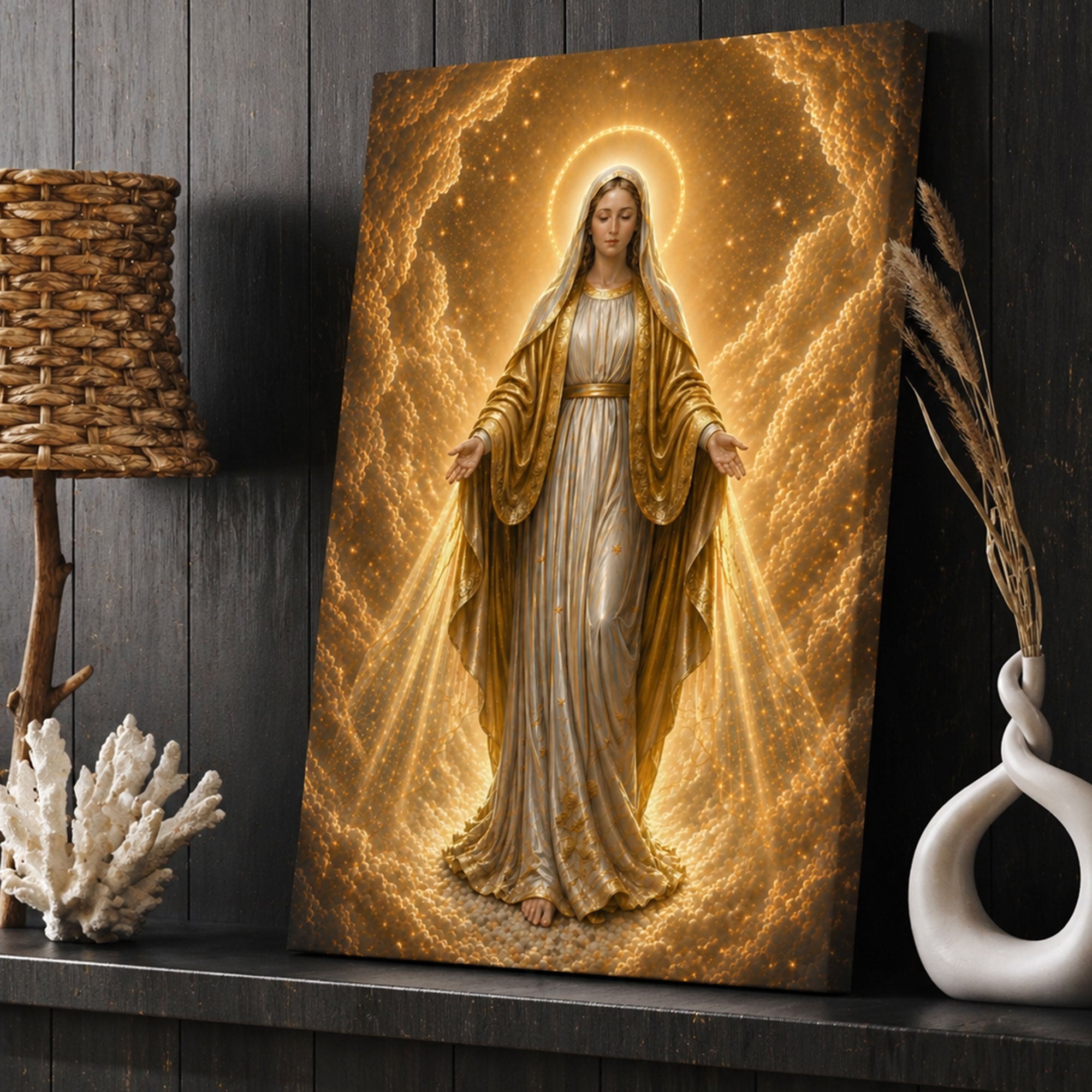 Our Lady of Heavenly Light Canvas Print, Radiant Virgin Mary Wall Art, Catholic Divine Grace Decor, Golden Sacred Artwork