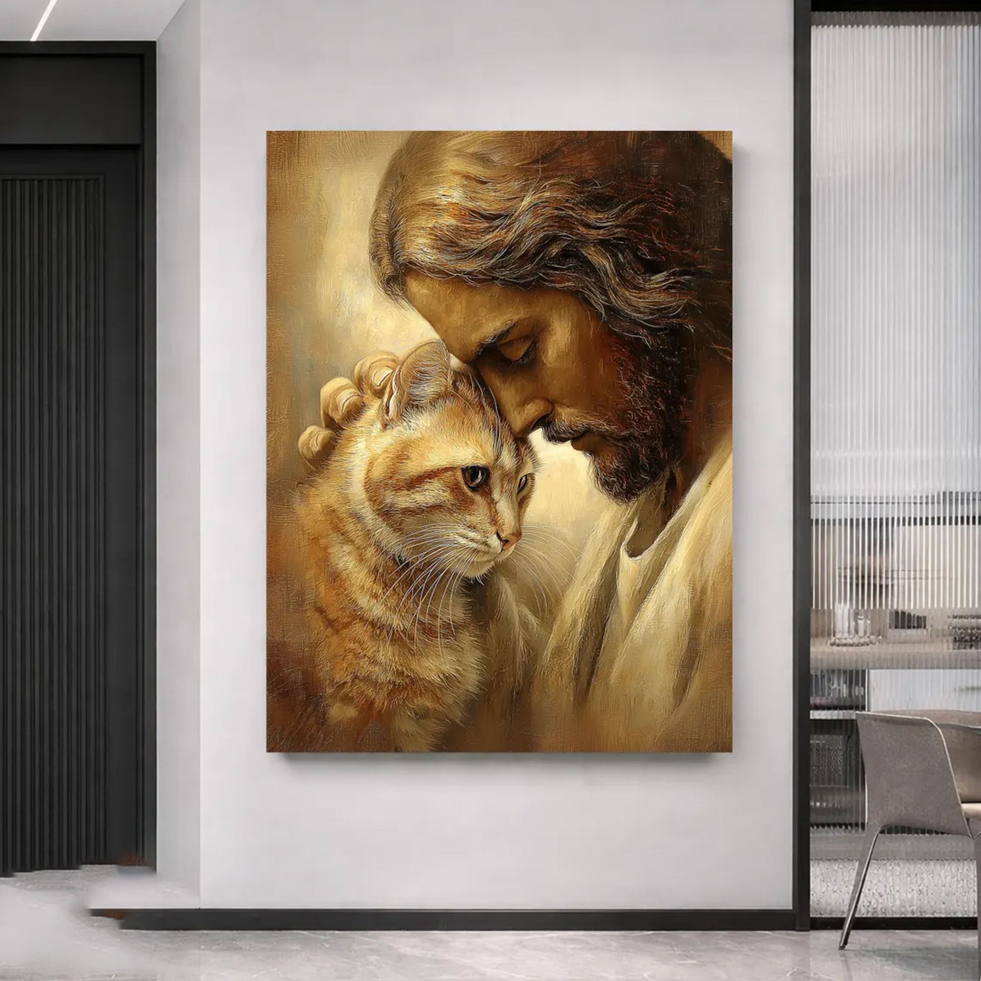 Jesus with Cat Canvas Wall Art, Christian Pet Lover Decor, Spiritual Faith Home Gift