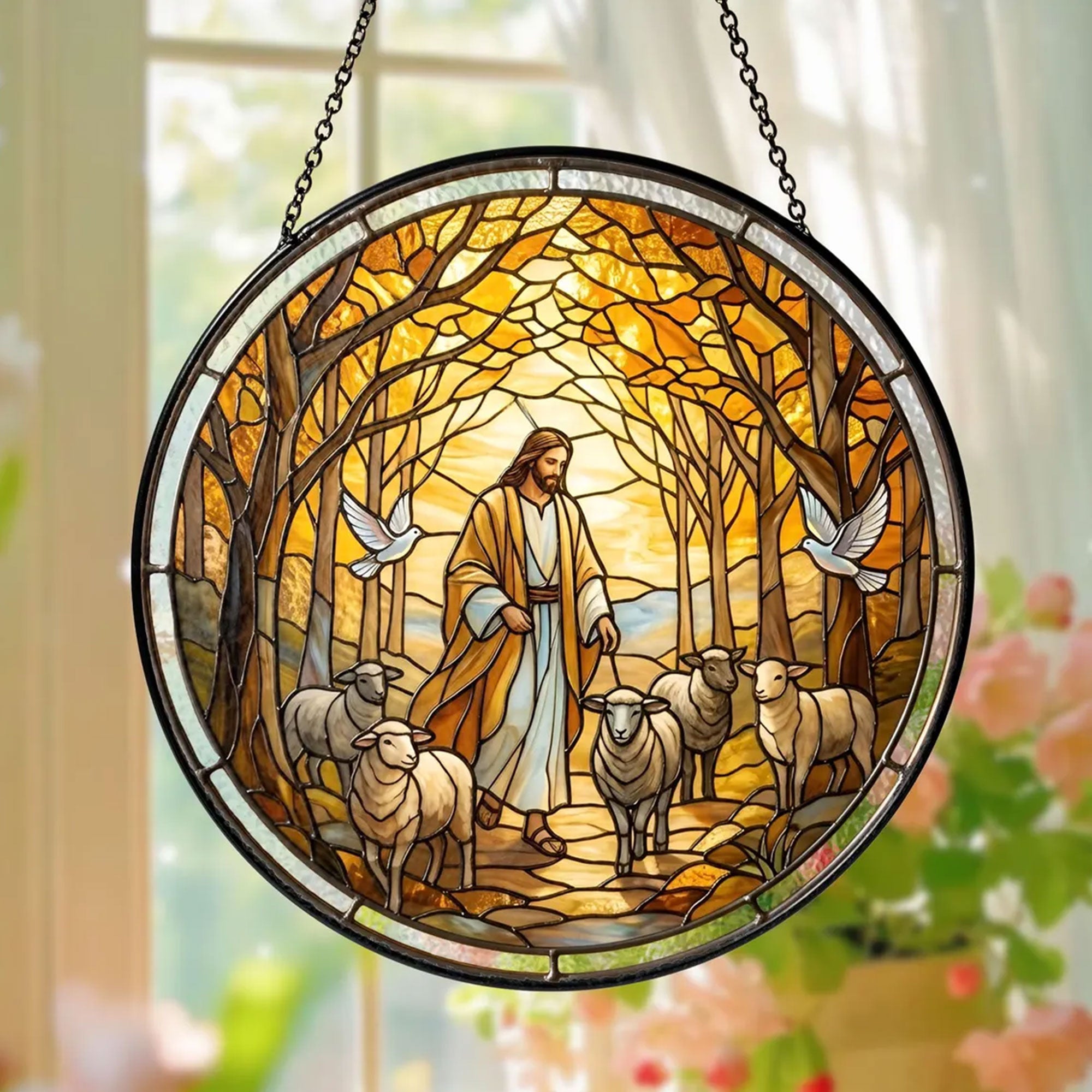 Jesus Good Shepherd Stained Glass Suncatcher, Christian Window Hanging Decor, Religious Faith Gift, Christ Wall Art
