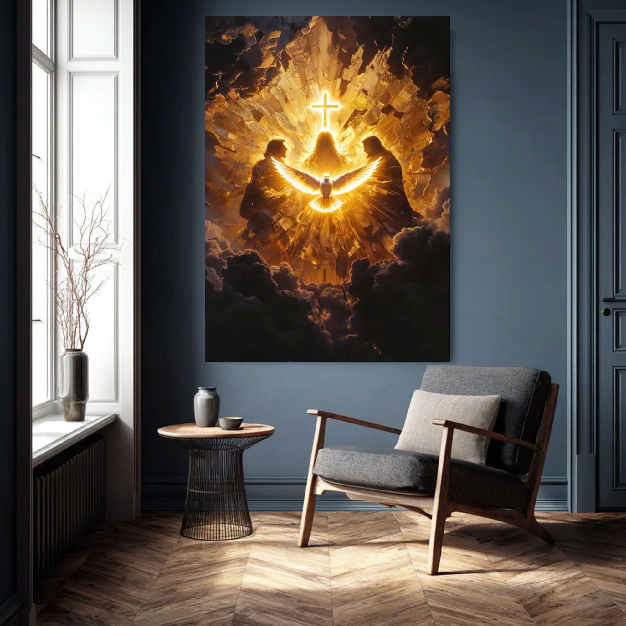 Radiant Holy Spirit Canvas Print, Illuminated Dove with Cross Wall Art, Symbol of Divine Presence and Light, Christian Religious Decor, Inspirational Faith Gift