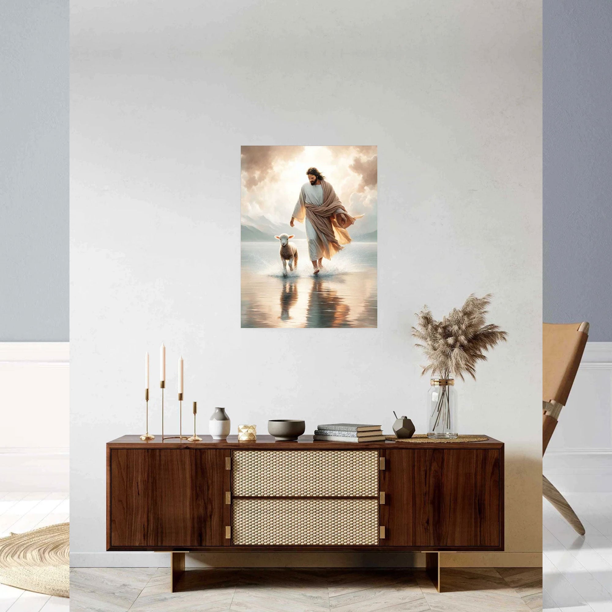 Jesus Walking on Water Canvas Print, Leaves the 99 to Save the Lamb, Christian Wall Art, Faith Miracle Decor