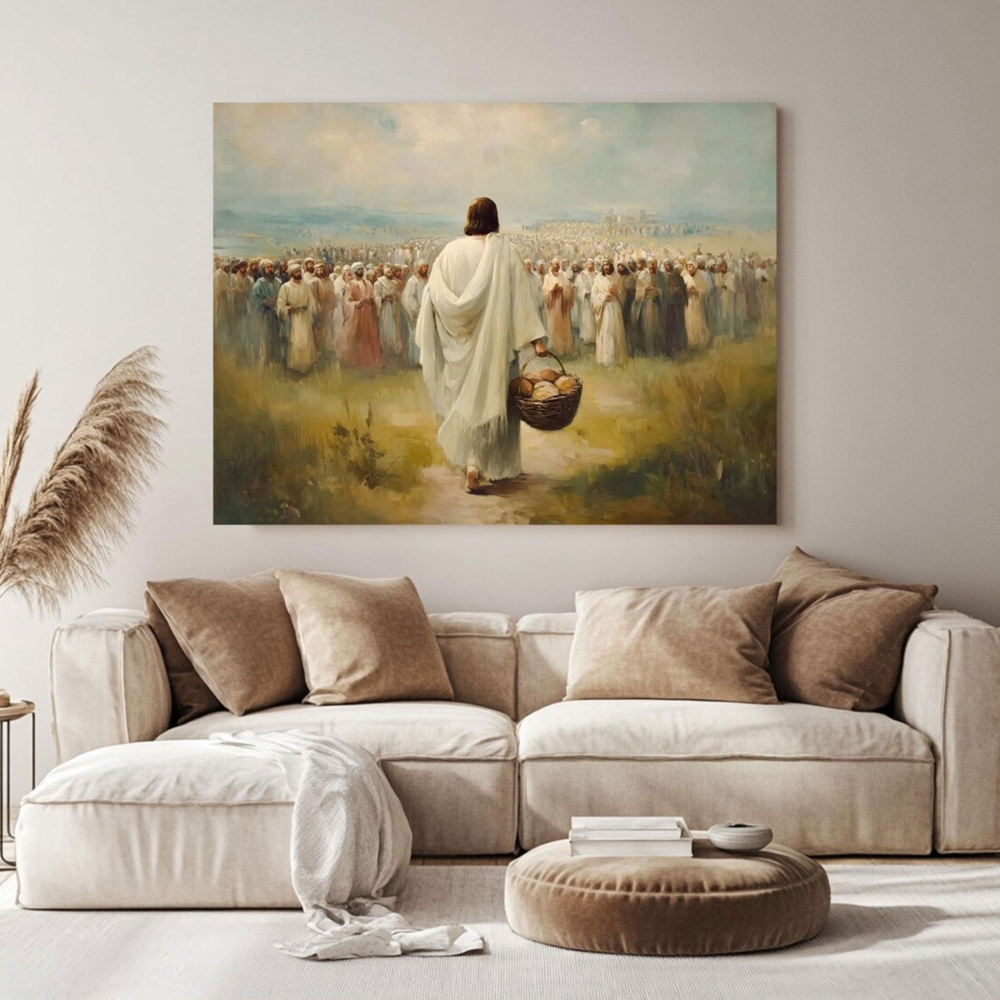 Jesus Feeding the Multitude Canvas Wall Art, Loaves and Fish Miracle Painting, Christian Faith Home Decor