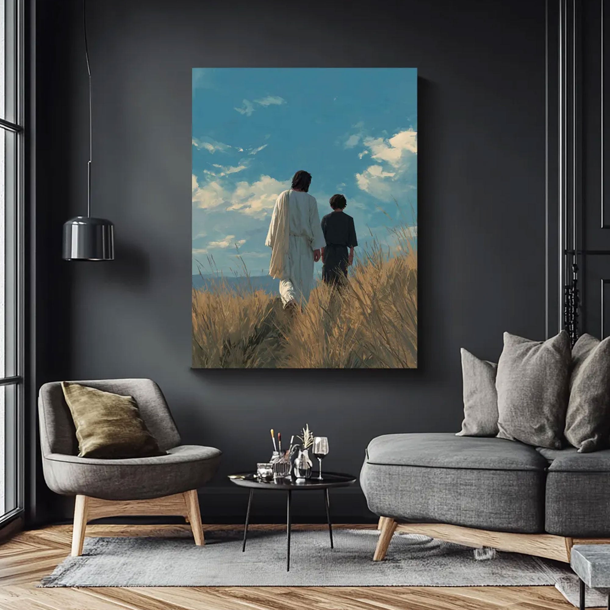 Jesus Walking With Child Canvas Print, Christian Faith Wall Art, Peaceful Spiritual Home Decor