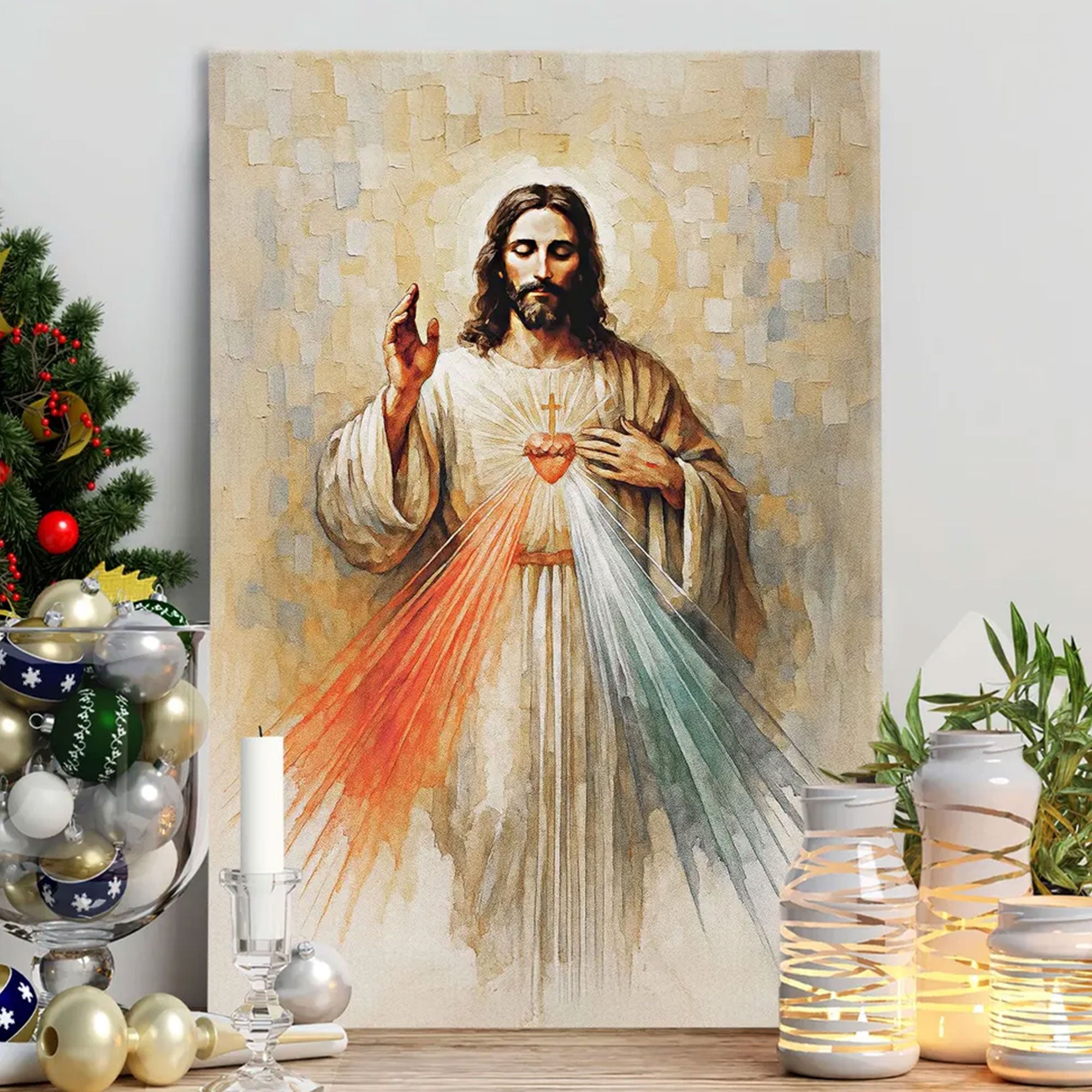Jesus Divine Mercy Canvas Print, Modern Christian Watercolor Art & Sacred Heart Catholic Canvas