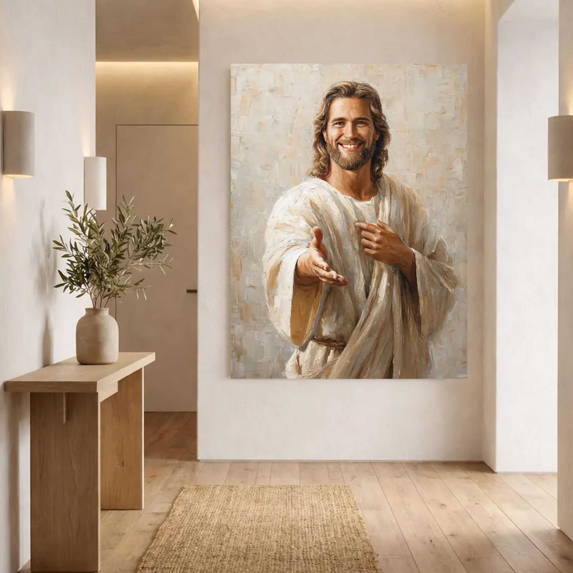 Smiling Jesus Canvas Print, Welcoming Christ Wall Art, Inspirational Christian Home Decor, Religious Gift