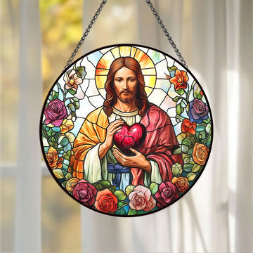 Sacred Heart of Jesus Stained Glass Suncatcher, Christian Window Hanging Decor, Catholic Religious Faith Gift
