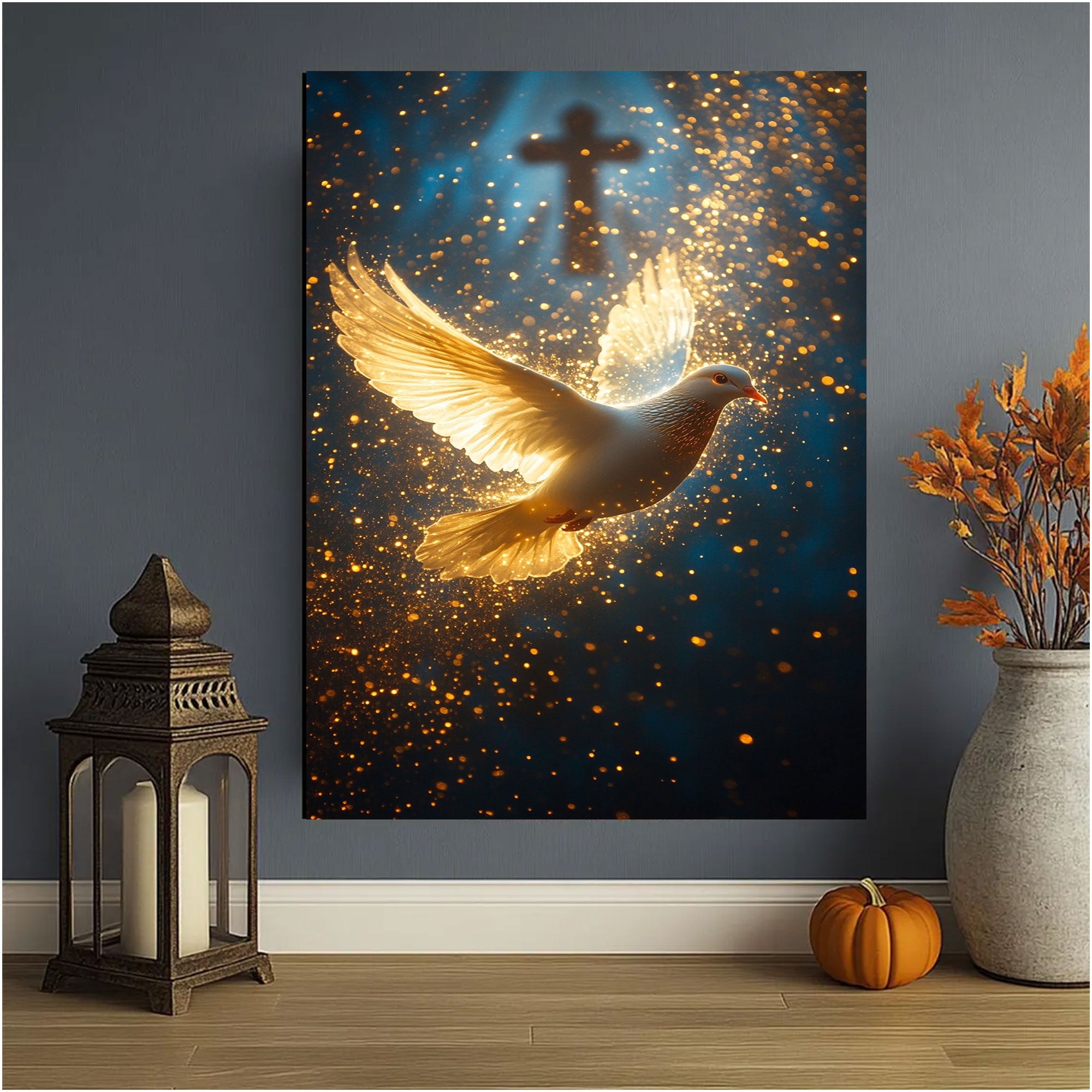 Light of the Spirit Canvas Print, Golden Dove and Cross Artwork, A Quiet Reminder of Faith, Presence, and Guidance